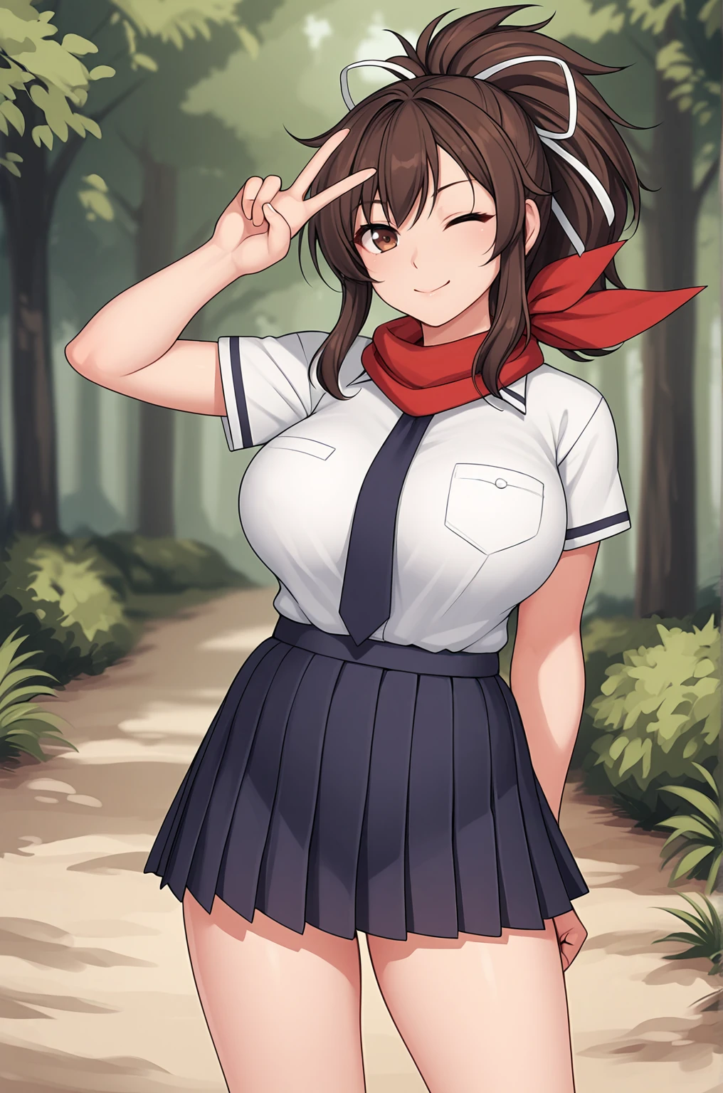 anime artwork score_9, score_8_up, score_7_up, score_6_up, score_5_up, score_4_up, source_anime, BREAK, thick outline, fat outline,
Asuka_XL, brown eyes, brown hair, ponytail, white ribbon, red scarf, large breasts, BREAK, asuka_school_clothes, skirt, white shirt, pleated skirt, necktie, short sleeves, BREAK, forest, one eye closed, v sign,
<lora:Asuka_XL:0.7>
<lora:PersonalAmi_PonyXL:1.0>