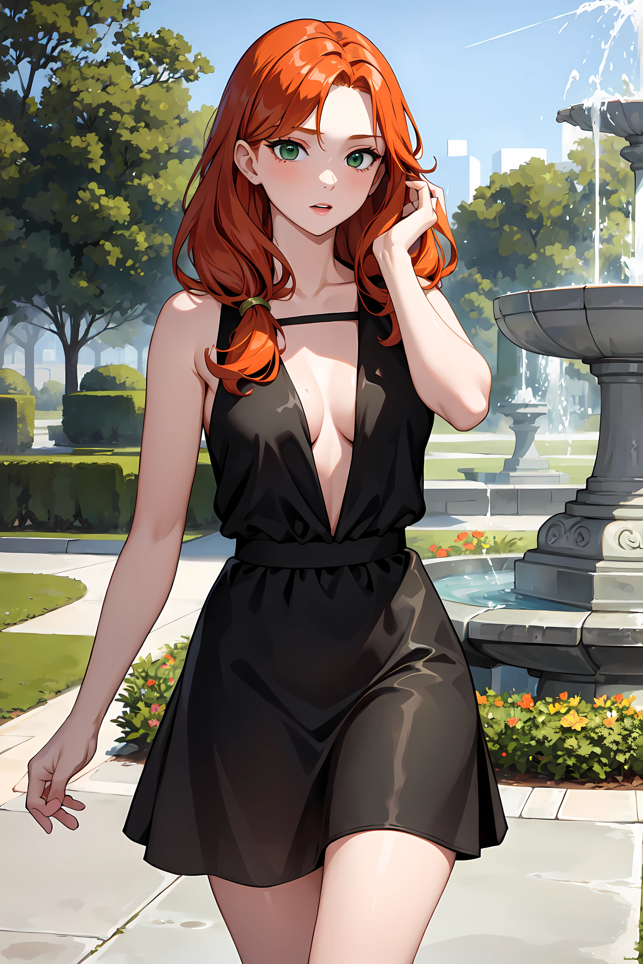 masterpiece, best quality, 1girl, solo, ginger hair, green eyes, park, fountain, walking
