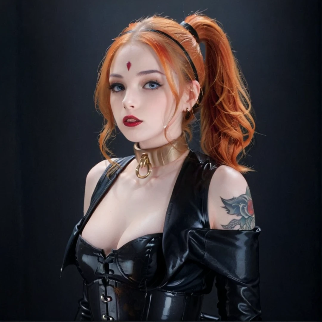 <lora:add-detail-xl:3> <lora:d\EnvyZoomSliderXL01:-1> photo of  a 20 years old  emo goth girl, ((RachelRoth)) (((orange  hair) long pony tail hair:1.5), black shiny hairband), soft pale skin, elegant makeup, intricate detailed blue eyes, beautiful sexy full lips with (black lipstick:1.5), high strong cheekbones, small pointy nose, dark background, (extreme amount of tattoos:1.4), small mouth opening, wearing black latex corset, thick heavy metal collar, thick heavy metal cuffs,  <lora:RachelRoth_XL:0.5>