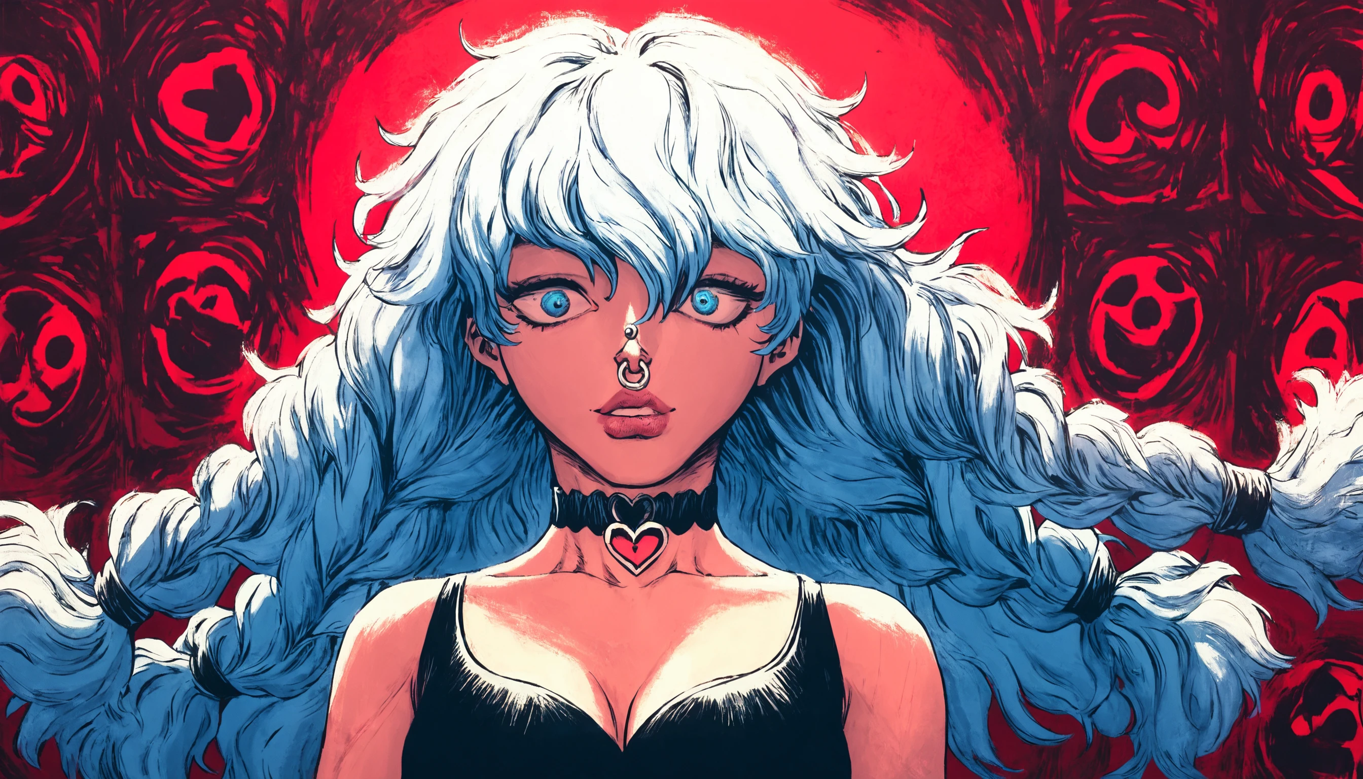 score_9, score_8_up,score_7_up,score_6_up,score_5_upscore_4_up,very aesthetic,
1girl,19yo,slender,bute petite,medium breasts,blue grey hair,candy choker,black (heart crop top),cleavage,heart necklace,blue eyes,twin braids,long hair,nose piercing,slender face,narrow pink lips,
background pets,poster,background girl room with kuddle pets, <lora:b3rs3rkstylev1SDXLpony1:1> b3rs3rkstyle
