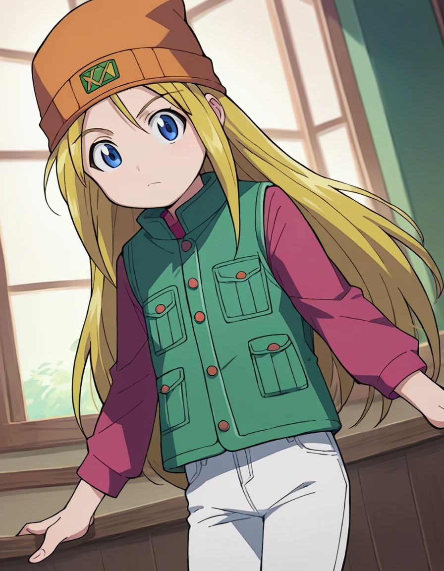 score_9, score_8_up, score_7_up, source_anime,
sarahmcdougal, <lora:sarah-mcdougal-ponyxl-lora-nochekaiser:1>,
sarah mcdougal, long hair, blue eyes, blonde hair,
hat, beanie, vest, green vest, longsleeves, pants, white pants,
indoors,
looking at viewer, dutch angle, cowboy shot,