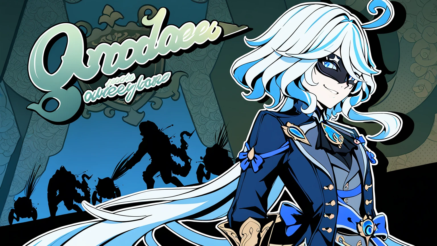 1girl,all out attacks,silhouette,english text,Furina \(genshin impact\),mask,Wicked smile,newest,medium quality,general,masterpiece,  <lora:p5_attacks_v0.2:0.8>