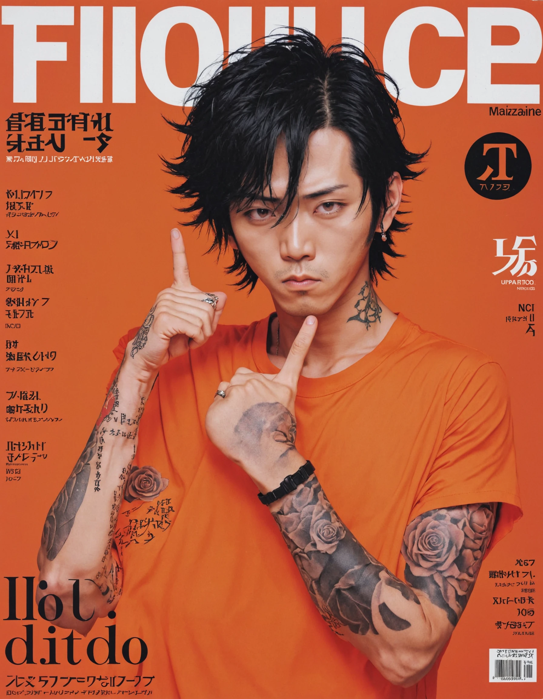 <lora:NihonMagStyleXL:0.8> 1boy, black hair, japanese music magazine style, magazine cover, male focus, orange theme, pointing, rose, shirt, sleeping, tattoo, upper body