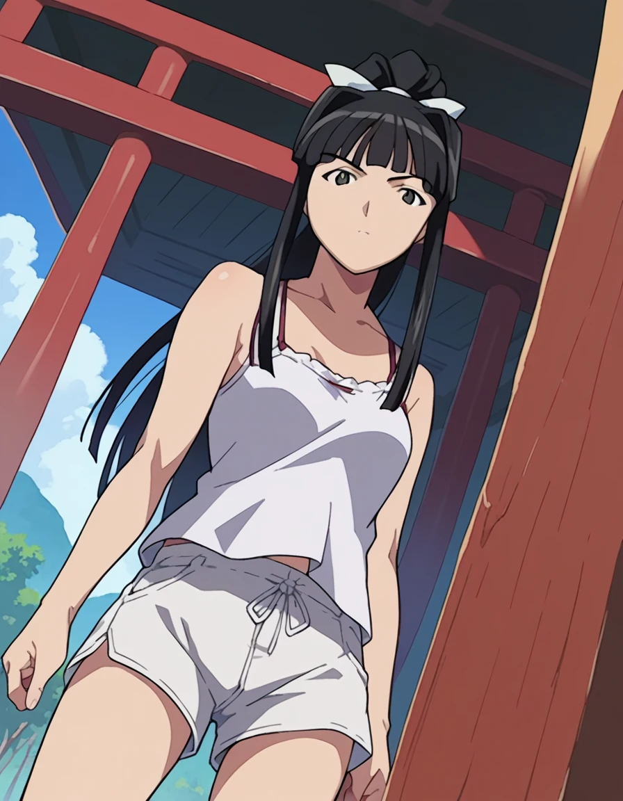 score_9, score_8_up, score_7_up, source_anime,
motokoaoyama, <lora:motoko-aoyama-ponyxl-lora-nochekaiser:1>,
motoko aoyama, long hair, black hair, black eyes, bangs,
ponytail, shorts, camisole, white shorts,
outdoors, shrine,
looking at viewer, dutch angle, cowboy shot,