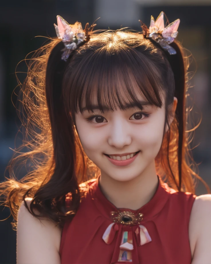 a beautiful picture of moakiku, detailed skin texture,masterpiece, photorealistic, woman, 4k, backlighting, light, RAW color photo,(fully in frame:1.1), (blush:0.5), (goosebumps:0.5),brunette, detailed face,wearing a red dress,(city streets:1.2),smiling,twintails,asian idol, <lora:moakiku (4):1>