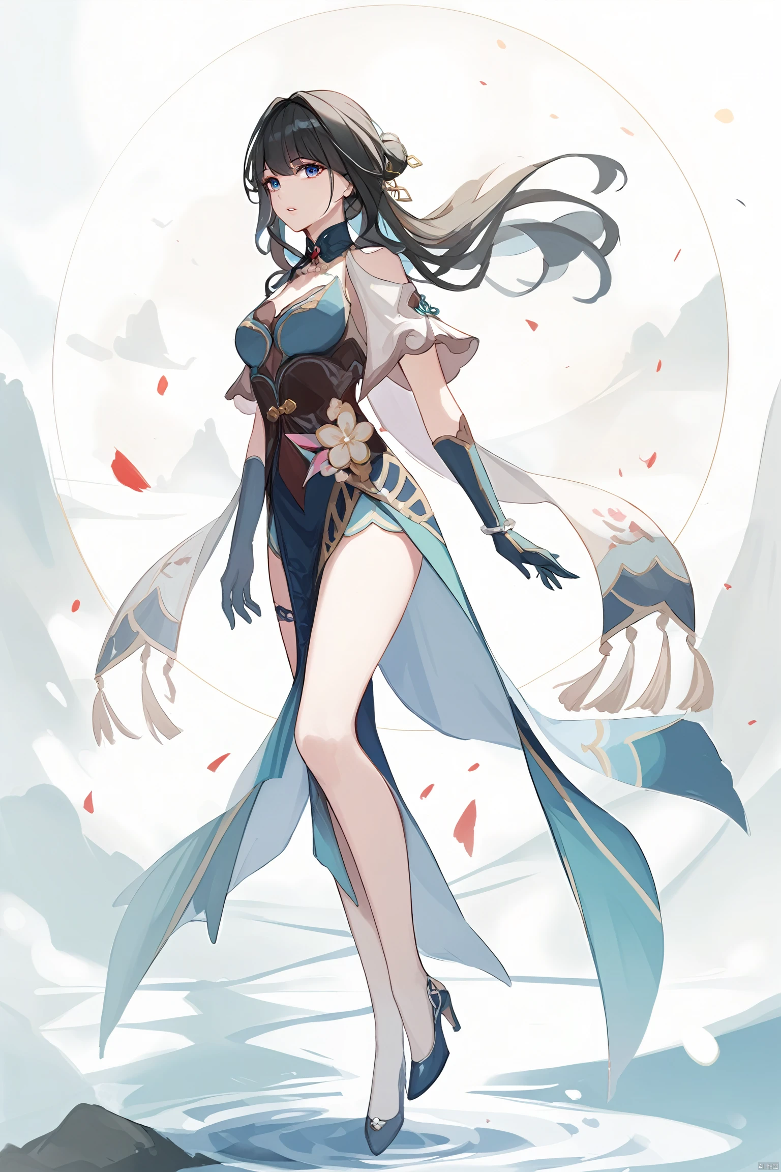 a close up of a woman in a white dress with a sword, ornate korean polearm behind her, aion, inspired by Sim Sa-jeong, korean mmorpg, full-body xianxia, korean mmo, lunar themed attire, glossy white armor, inspired by Li Mei-shu, Portrait Chevaliers du Zodiaque Fille, inspired by Lam Qua, detailed white long hair