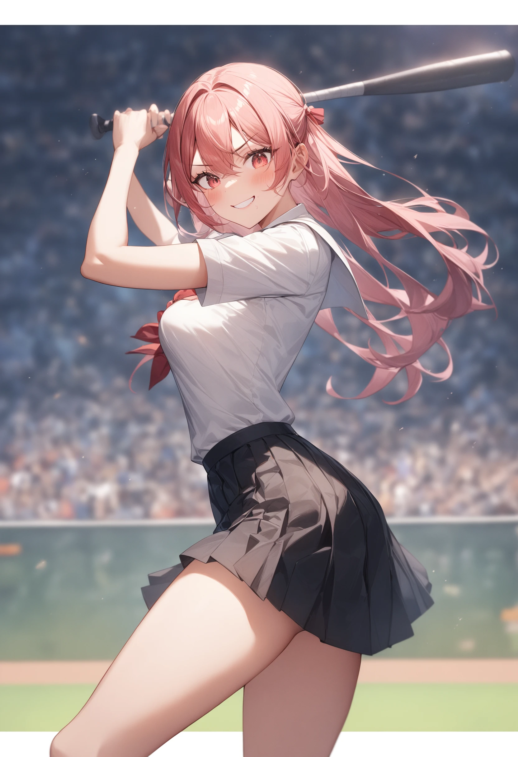 masterpiece、highest quality、Very detailed、Photograph the upper body、1 female、(Put your arms behind your back:1.2)、Are standing、Turn your body forward、View your viewers、(Race Queen:1.3、Grid girl in blue)、blush、shy、(trembling:1.2)、Pink Hair、Open your mouth、circuit、F1、