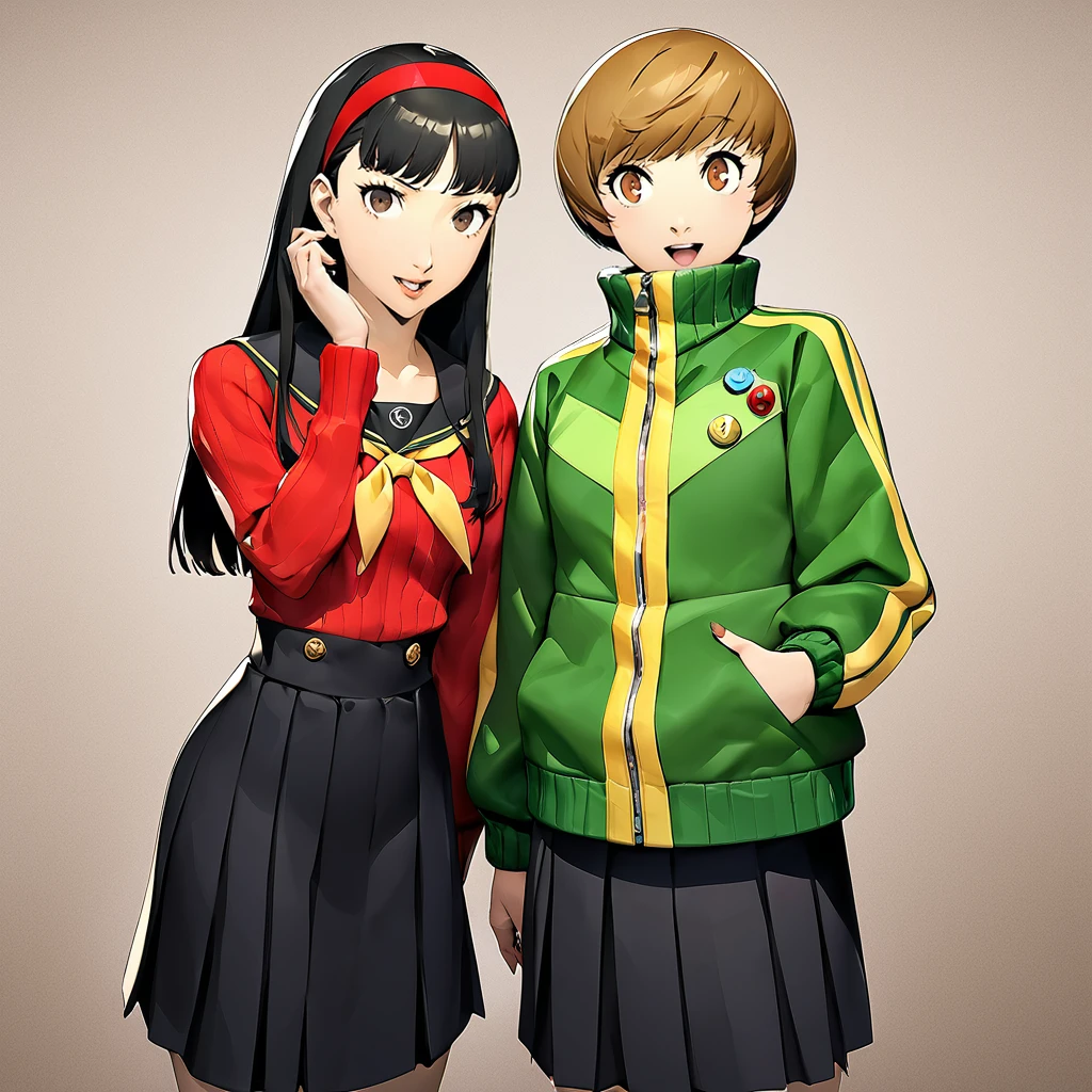 2girls, satonaka chie, amagi yukiko, masterpiece, best quality, newest, persona, soejima shigenori <lora:persona_xl_a31_c-000002:1>