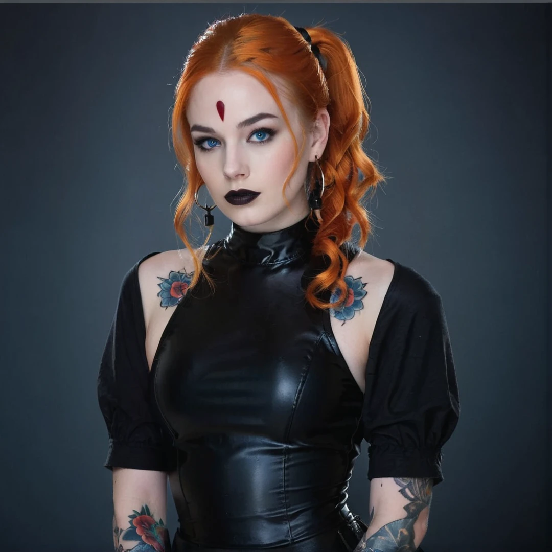 <lora:add-detail-xl:3> <lora:d\EnvyZoomSliderXL01:-1> photo of  a 20 years old  emo goth girl, ((RachelRoth)) (((orange  hair) long pony tail hair:1.5), black shiny hairband), soft pale skin, elegant makeup, intricate detailed blue eyes, beautiful sexy full lips with (black lipstick:1.5), high strong cheekbones, small pointy nose, dark background, (extreme amount of tattoos:1.4), small mouth opening, wearing black latex corset, thick heavy metal collar, thick heavy metal cuffs,  <lora:RachelRoth_XL:0.5>