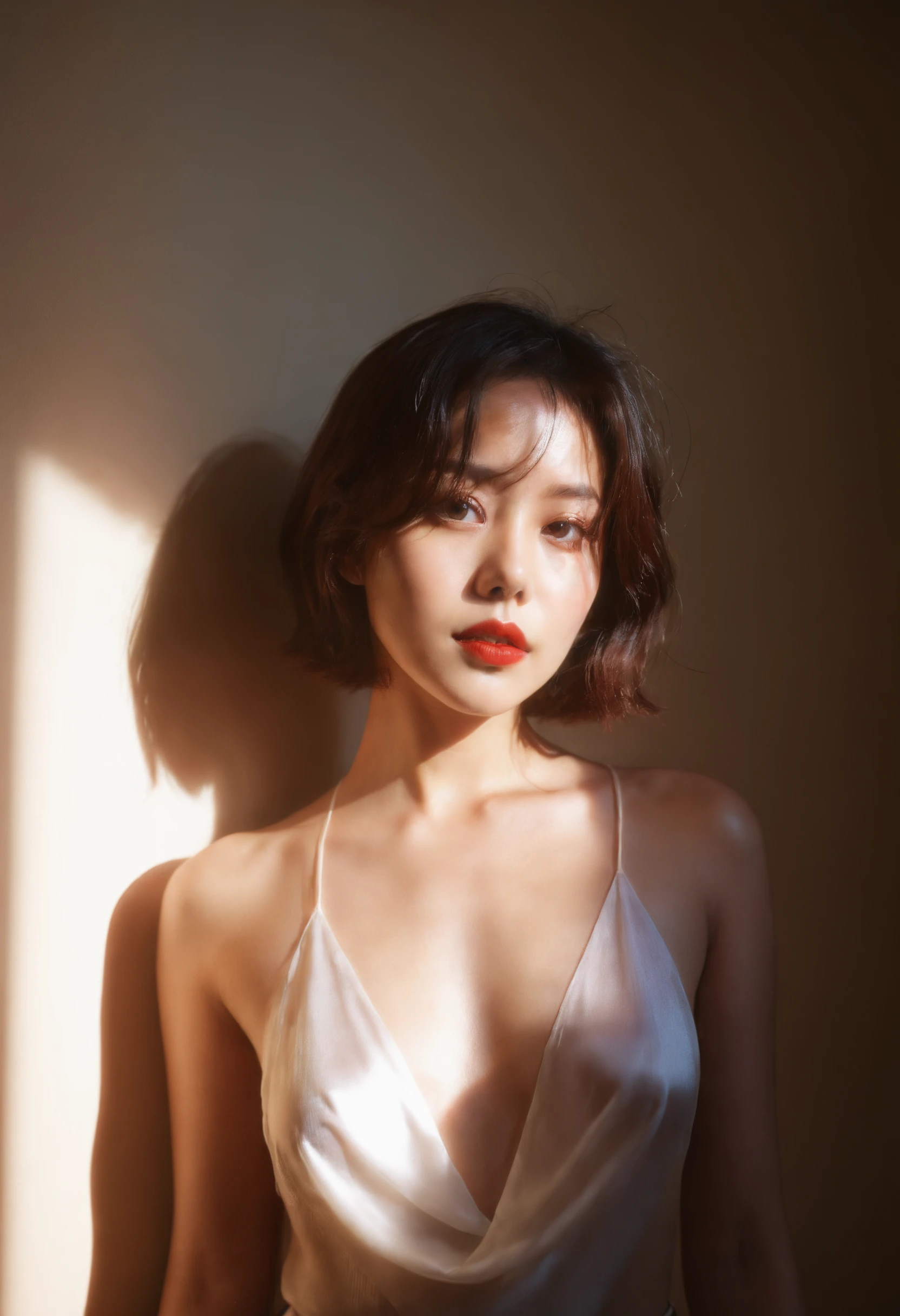 <lora:LoRA-sunlight-sdxl:0.5>yeonhwa,warm color tones,cinematic light and shadow effects,film grain,realistic,solo,looking at viewer, sunbeam,indoors,dark,wall, lipstick,,short hair,silk gloss,