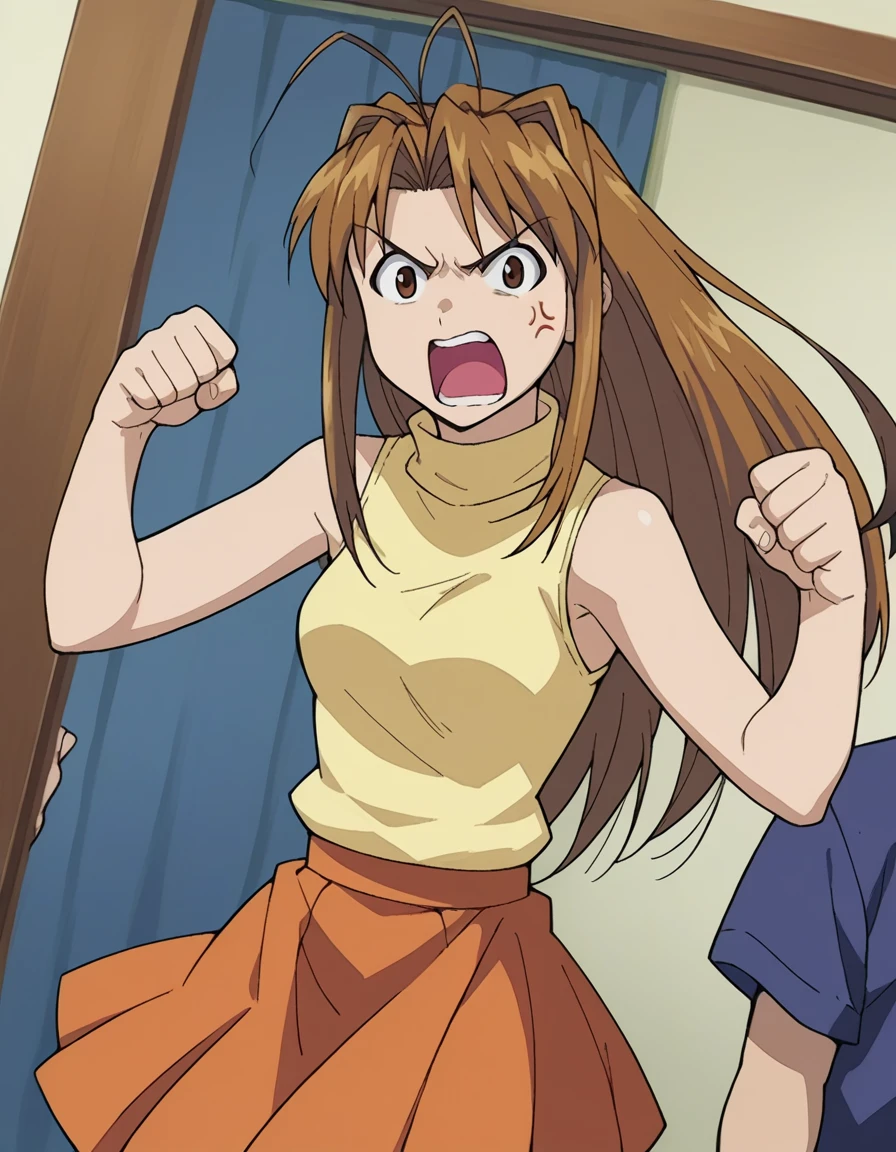 score_9, score_8_up, score_7_up, source_anime,
narunarusegawa, <lora:naru-narusegawa-ponyxl-lora-nochekaiser:1>,
naru narusegawa, long hair, brown hair, antenna hair, brown eyes, angry, anger vein, shouting open mouth,
skirt, sleeveless, miniskirt, turtleneck, sleeveless turtleneck,
indoors,
looking at viewer, dutch angle, cowboy shot,