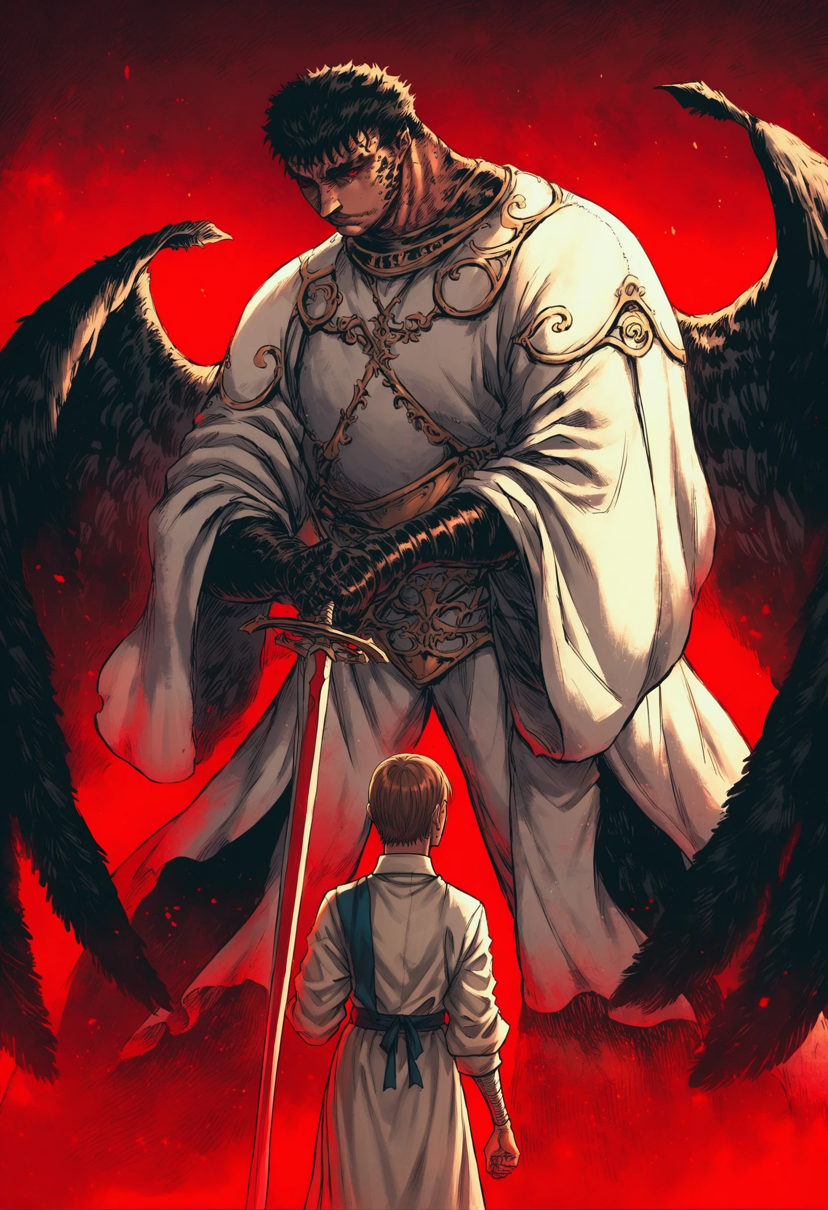 score_9, score_8_up, score_7_up, monster girl, standing, bird man, black feathers, black scales, 1boy,, highly detailed, glossy lips, feathered wings, red theme, white robe, holding a giant sword <lora:b3rs3rkstylev1SDXLpony1:1> b3rs3rkstyle
