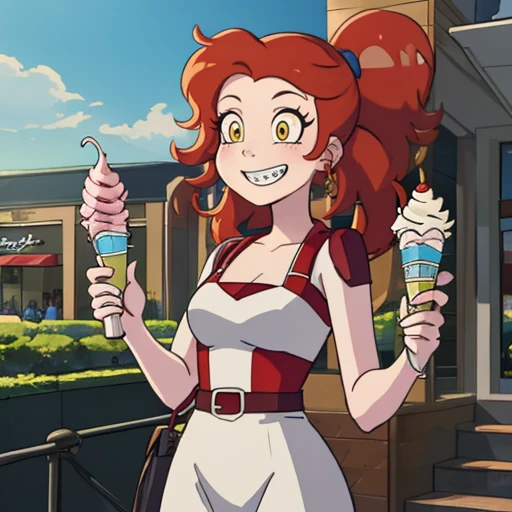 <lora:kendraRM:0.6>
1girl, solo, kendrarm, red hair, yellow eyes, eating ice cream, grinning, smile, braces, casual clothing, mall, daytime, outside, park, (masterpiece, best quality:1.2)