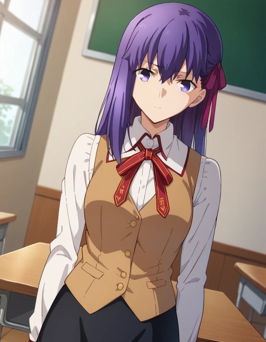 score_9, score_8_up, score_7_up, source_anime,
sakuramatou, <lora:sakura-matou-hf-ponyxl-lora-nochekaiser:1>,
sakura matou, long hair, purple eyes, purple hair, ribbon, hair ribbon, red ribbon,
shirt, white shirt, collared shirt, long sleeves, neckertie, red neckertie, vest, light brown vest, skirt, black skirt,
indoors, classroom,
looking at viewer, dutch angle, cowboy shot,