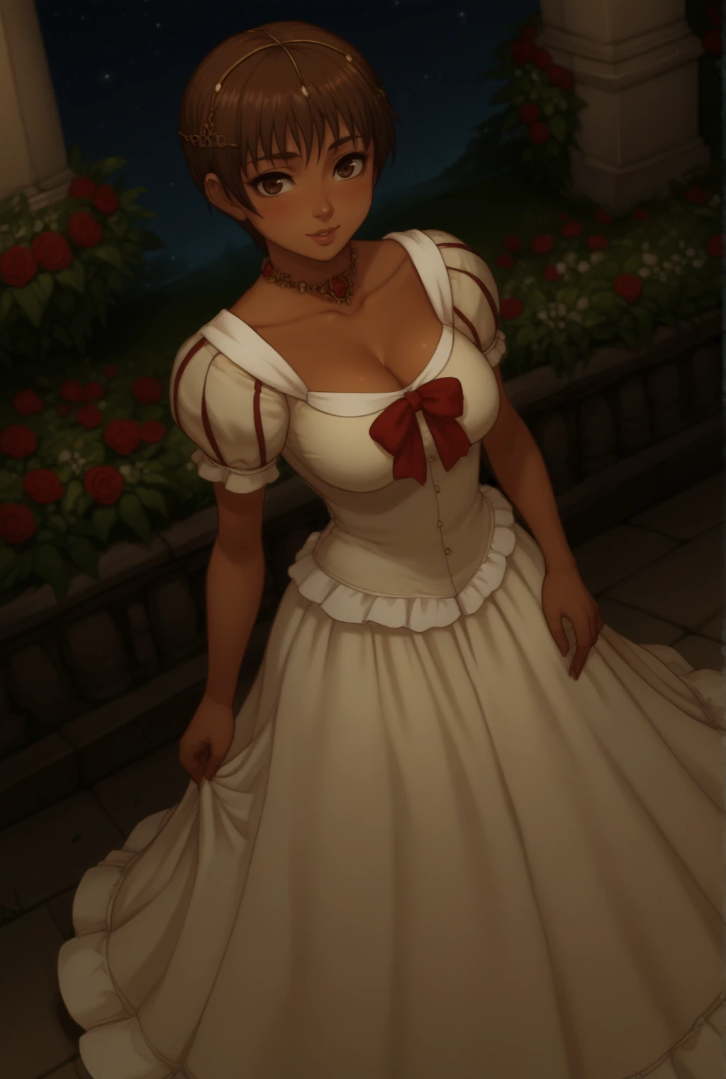 score_9, score_8_up, score_7_up, source_anime BREAK, solo, looking at viewer, full body, garden, flower, rose, night, moonlight,
<lora:CascaPdxlDwnsty:1>, Casca_Dress, dress, jewerly, collarbone, lips, necklace,
large breasts, cleavage, dutch angle, standing, blush, smile