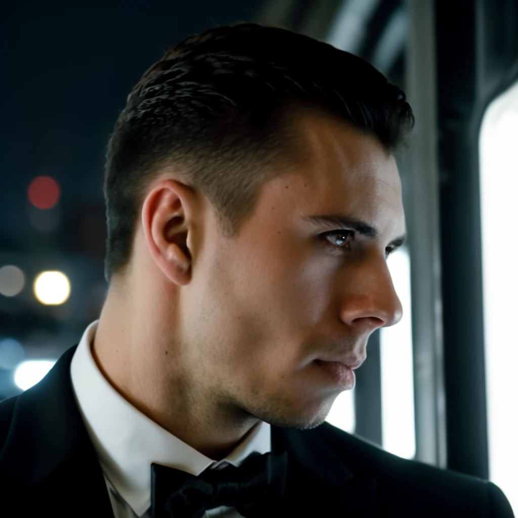 face portrait of carryfit person using a tuxedo, in blade runner, professional photography, high resolution, 4k, detailed photo, <lora:carryfit_66600:1>