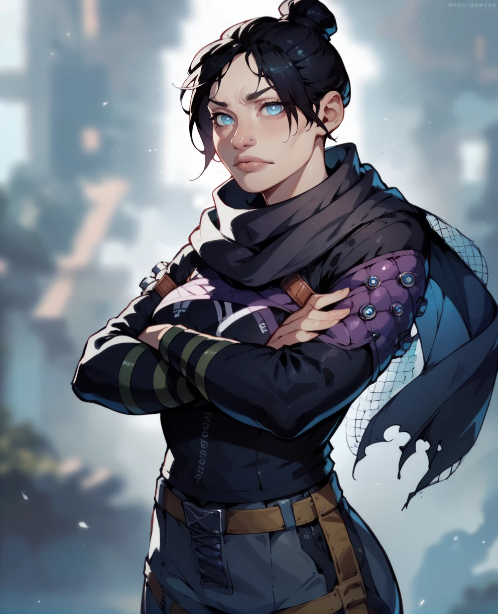 score_9,score_8_up,score_7_up,
wraithxl,black hair,single hair bun,looking at viewer,blue eyes,
scarf,nose piercing,black shirt,long sleeves,
standing, crossed arms, 
<lora:wraith:1>,