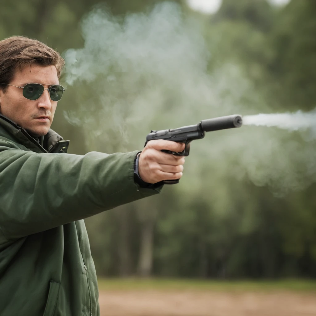 cinematic film still of  <lora:Silencer Suppressor:1>
Silencer Suppressor a man wearing a green jacket that says " french " on it.,solo,brown hair,1boy,holding,jacket,upper body,weapon,male focus,glasses,holding weapon,blurry,uniform,gun,military,blurry background,holding gun,handgun,smoke,realistic,firing,aiming,american flag,shell casing , hand pistol, side view, perfect 2hands, shooting gun, gun smoke, bullet flying in air, shallow depth of field, vignette, highly detailed, high budget, bokeh, cinemascope, moody, epic, gorgeous, film grain, grainy