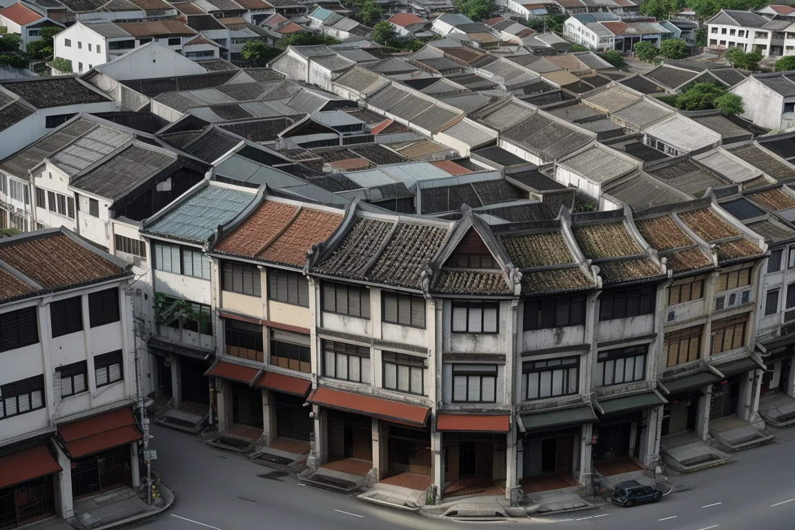 architecture, building, (shophouse), (aerial photography, cityscape), scenery, Southeast Asia, George Town, Penang, vintage, historical, heritage, orange tiled roof, pedestrian arcade, narrow facade, long windows, road, perfect proportions, perfect perspective, 8k, masterpiece, best quality, high_resolution, high detail, photorealistic, midday, Masterpiece