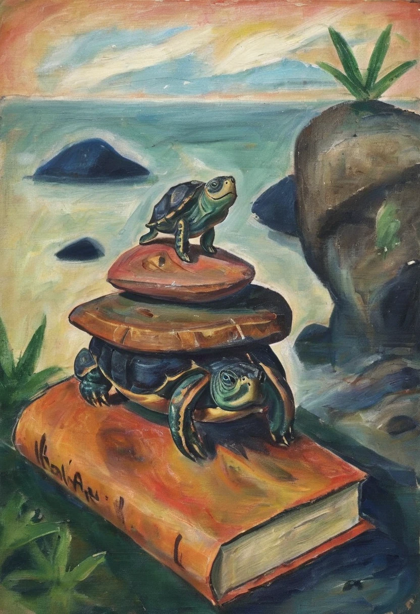 expressionist painting of a rock on a book on a turtle on a log