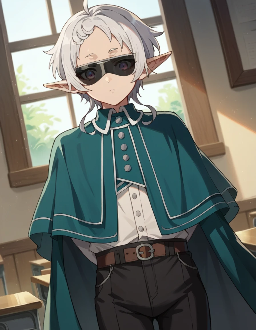 score_9, score_8_up, score_7_up, source_anime,
sylphy, <lora:sylphiette-ponyxl-lora-nochekaiser:1>,
sylphy, short hair, ahoge, white hair, pointy ears, elf,
sunglasses, pants, capelet, black pants, cape,
indoors, classroom,
looking at viewer, cowboy shot, dutch angle,