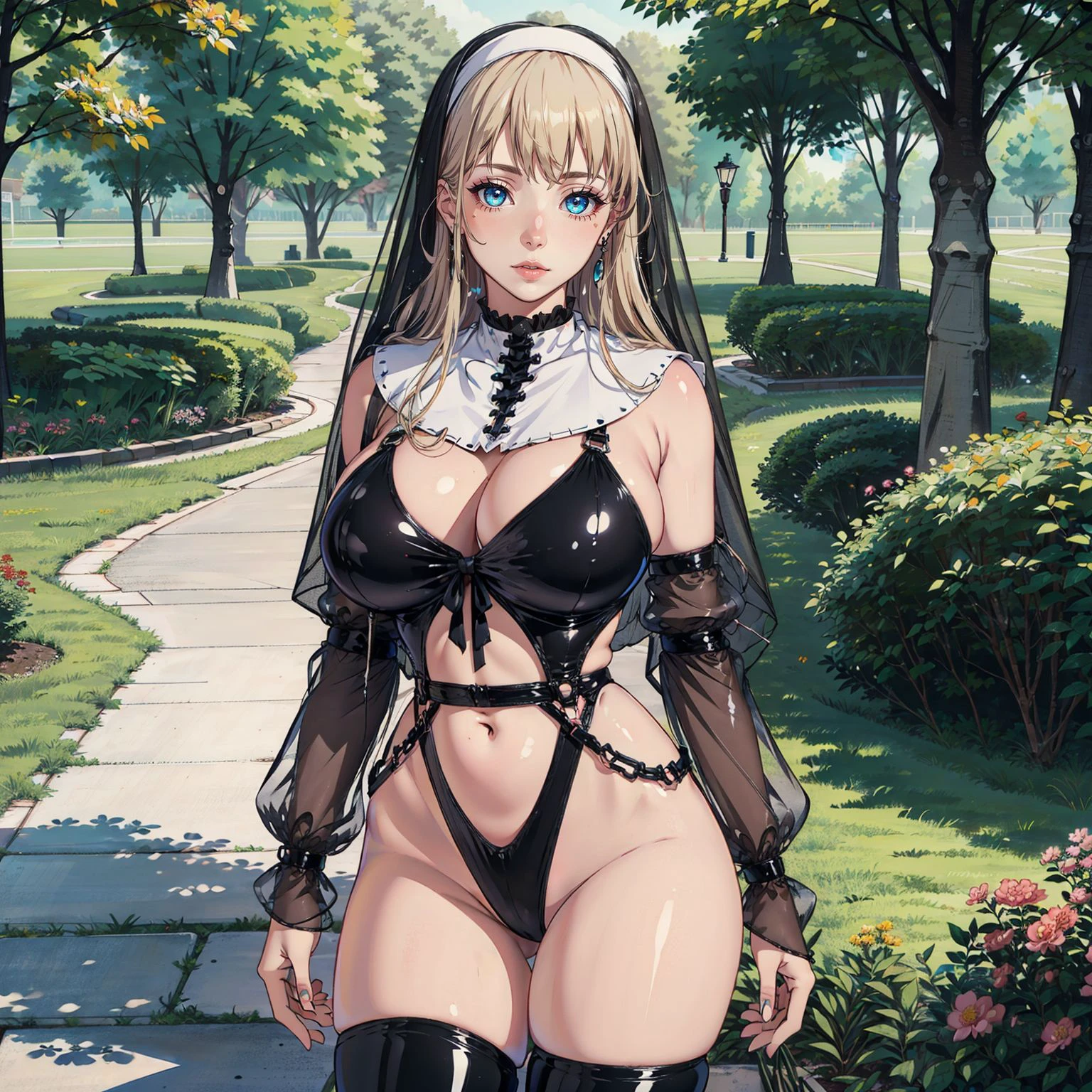 masterpiece, best quality,simple eyes,outdoors,standing,large breasts,<lora:northcarolina001:0.9>,north carolina, ((1girl)), animal_ears, black_bow, black_bowtie,black_hairband,pantyhose, black_leotard, blue_eyes, bow, bowtie,cleavage, detached_collar, fake_animal_ears,hairband, high_heels, leotard, long_hair, looking_at_viewer, pantyhose, playboy_bunny, rabbit_ears, strapless, strapless_leotard, very_long_hair,