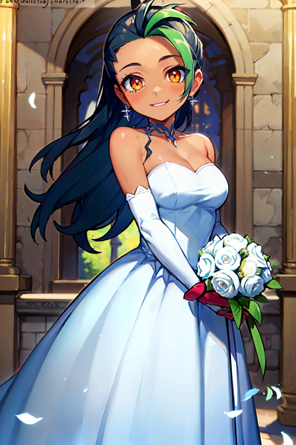 ((masterpiece,best quality)), absurdres, <lora:Ramesses_v1_Anime:0.8>, ramesses_ii,  dark skin, solo, smiling, jewelry, gold, 
(  bride, wedding dress, strapless dress, elbow gloves,  holding bouquet:1.1), 
pyramid, pool, oasis, gold theme, 
looking at viewer, cowboy shot,  bride, wedding dress, bridal veil, strapless dress, elbow gloves,  holding bouquet,