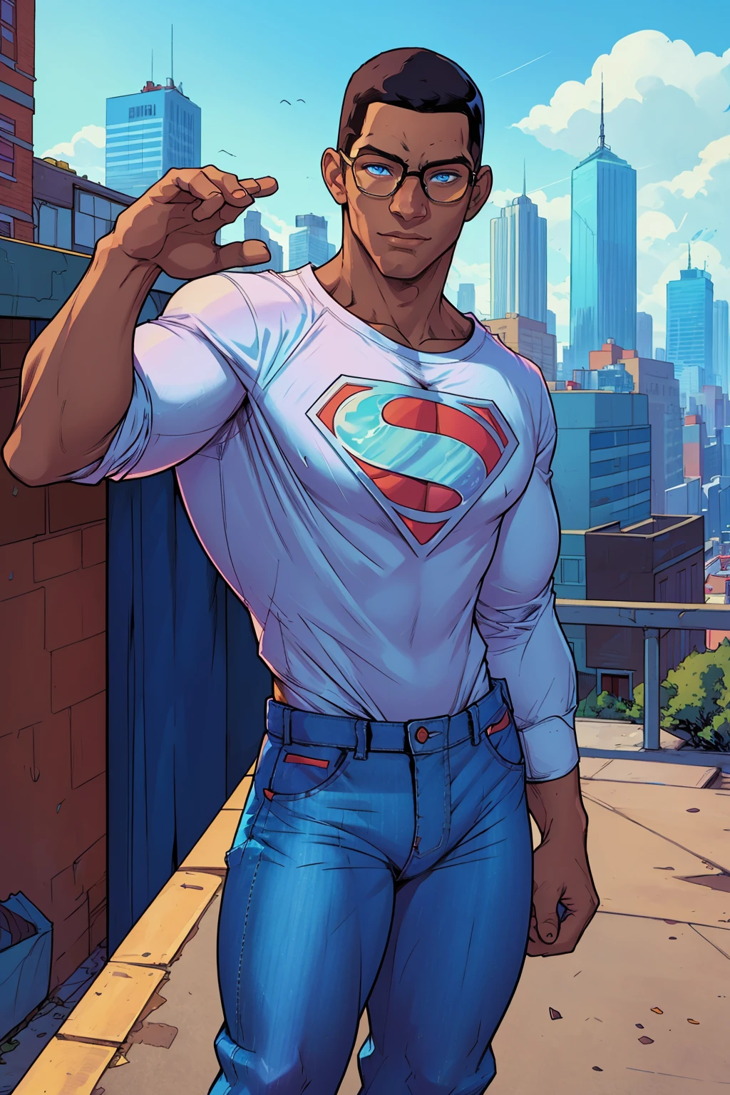 masterpiece, best quality, valzod, 1boy, solo, blue eyes, glasses, (wearing shirt and pants:1.5), heroic pose, city background <lora:valzod-000001:1>