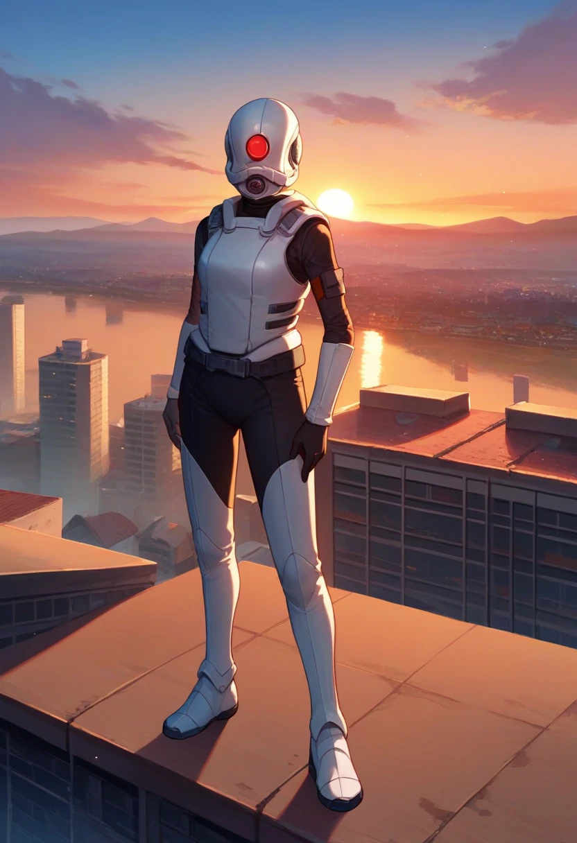 score_9, score_8_up, score_7_up, source_anime, solo, 1girl, combineassassin, standing, helmet, red eyes, one-eyed, white bodysuit, gloves, sunset, outdoors, rooftop <lora:hl2_combineassassin_ponyXL:1>