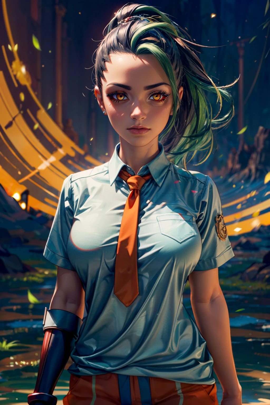 (ultra realistic,32k, masterpiece:1.2),(high detailed skin:1.1),( high quality:1.1),  <lora:Nemona_Pokemon:0.7>, Nemona_Pokemon,  black hair, green hair, orange eyes, dark skin, multicolored hair, two-tone hair, hair pulled back,  collared shirt, fingerless gloves, orange shorts,    blooming stars, luminescent petals, otherworldly fragrance blurry background,,(looking at viewer, standing:1.1),, huge breast,large breast,<lora:add_detail:0.92>, (glowwave:1.1),
