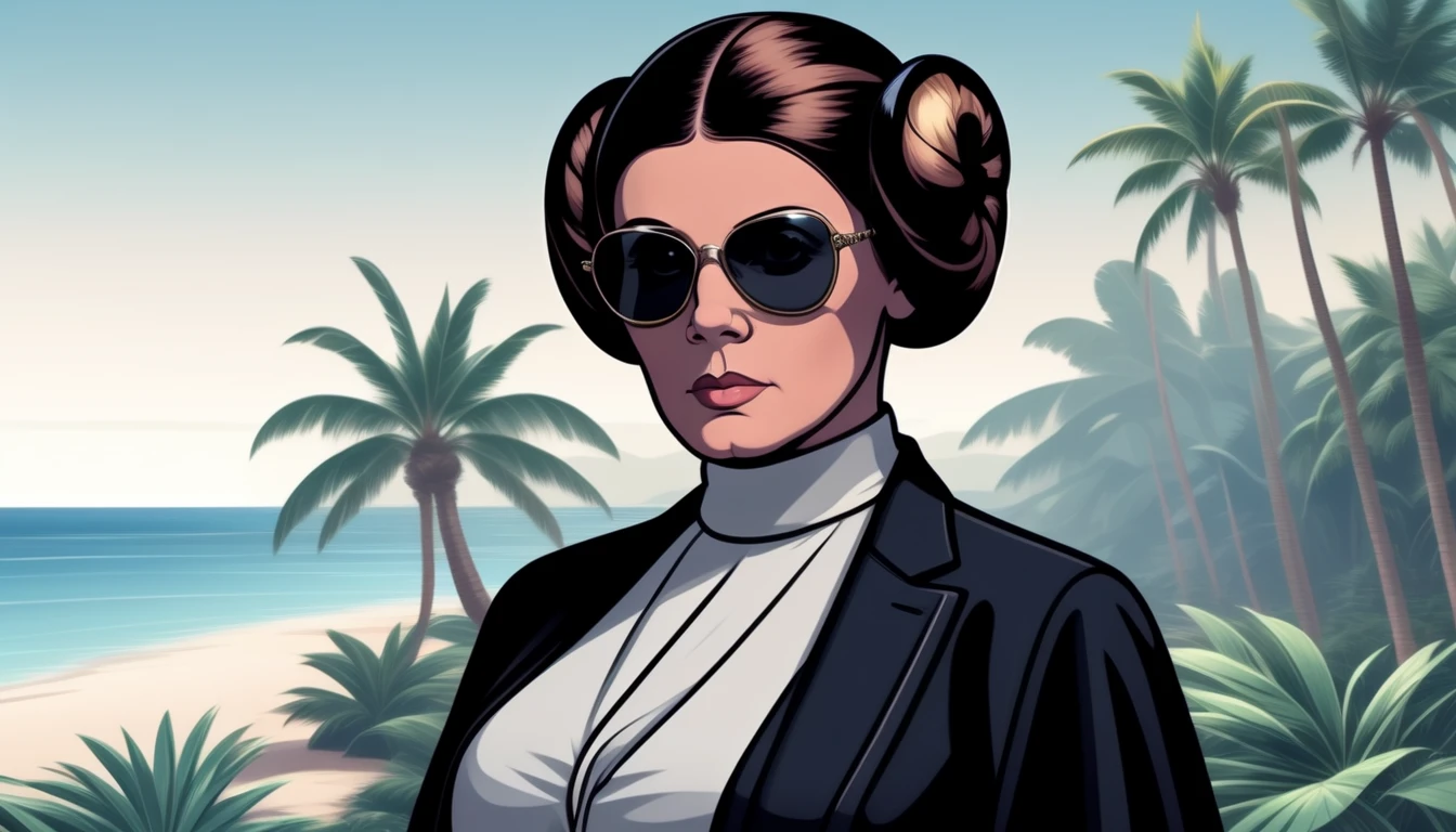 ArcherRay, Leia Solo, wearing a black business suit, sunglasses, tropical beach background, (thick outline:1.2)