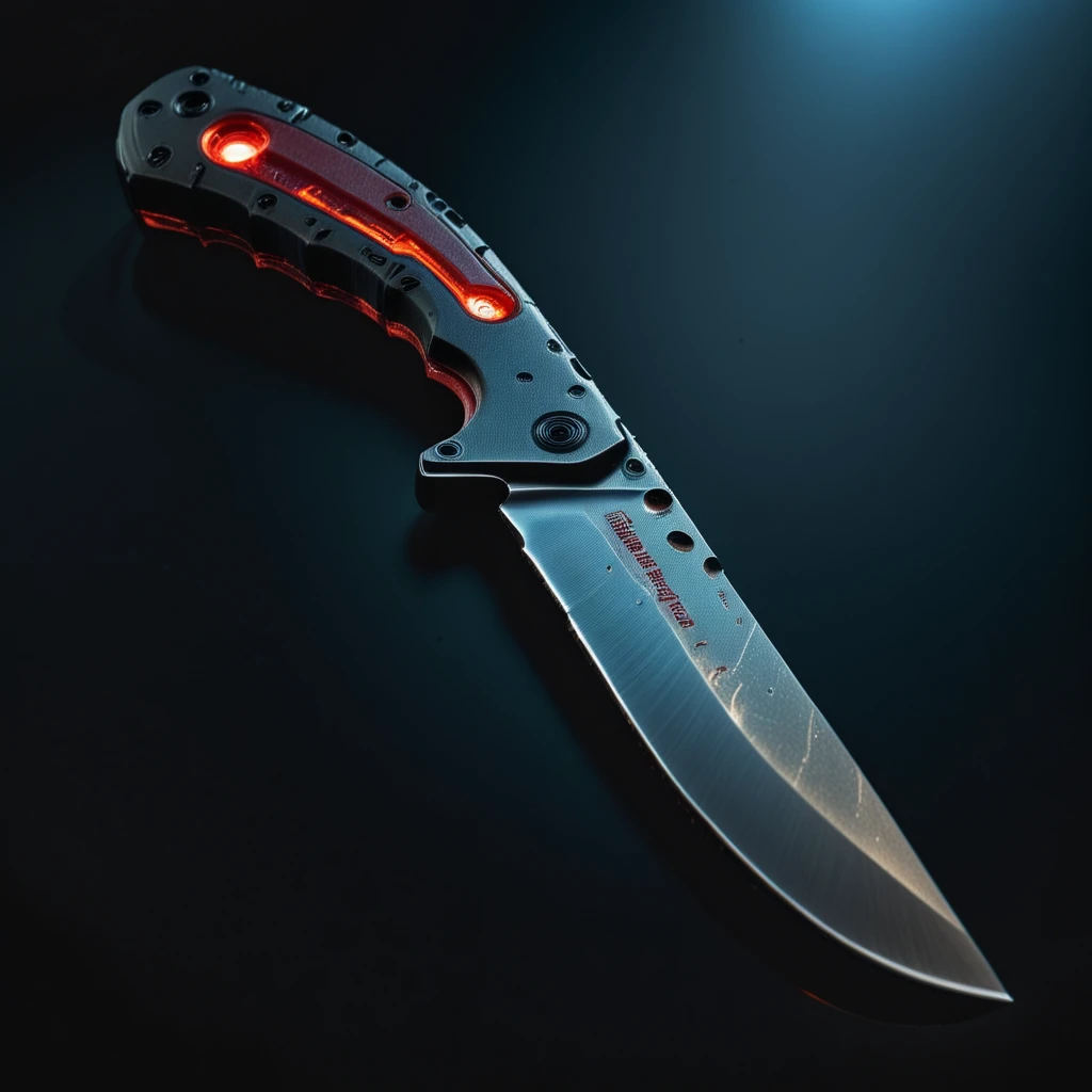 photo focus on military knife, view, boxy design, from above, science fiction, glowing cyberpunk, translucent, <lora:IteMaker-v1e3:1>, black background, red theme , film, professional, 4k, highly detailed, grit, (rust:0.65), cracks, cracked surface, subtle messy, dust, weary, edges rusty dusty, surface scratches, peeled sun bleeched paint, smudges, crumbles, rugged, used