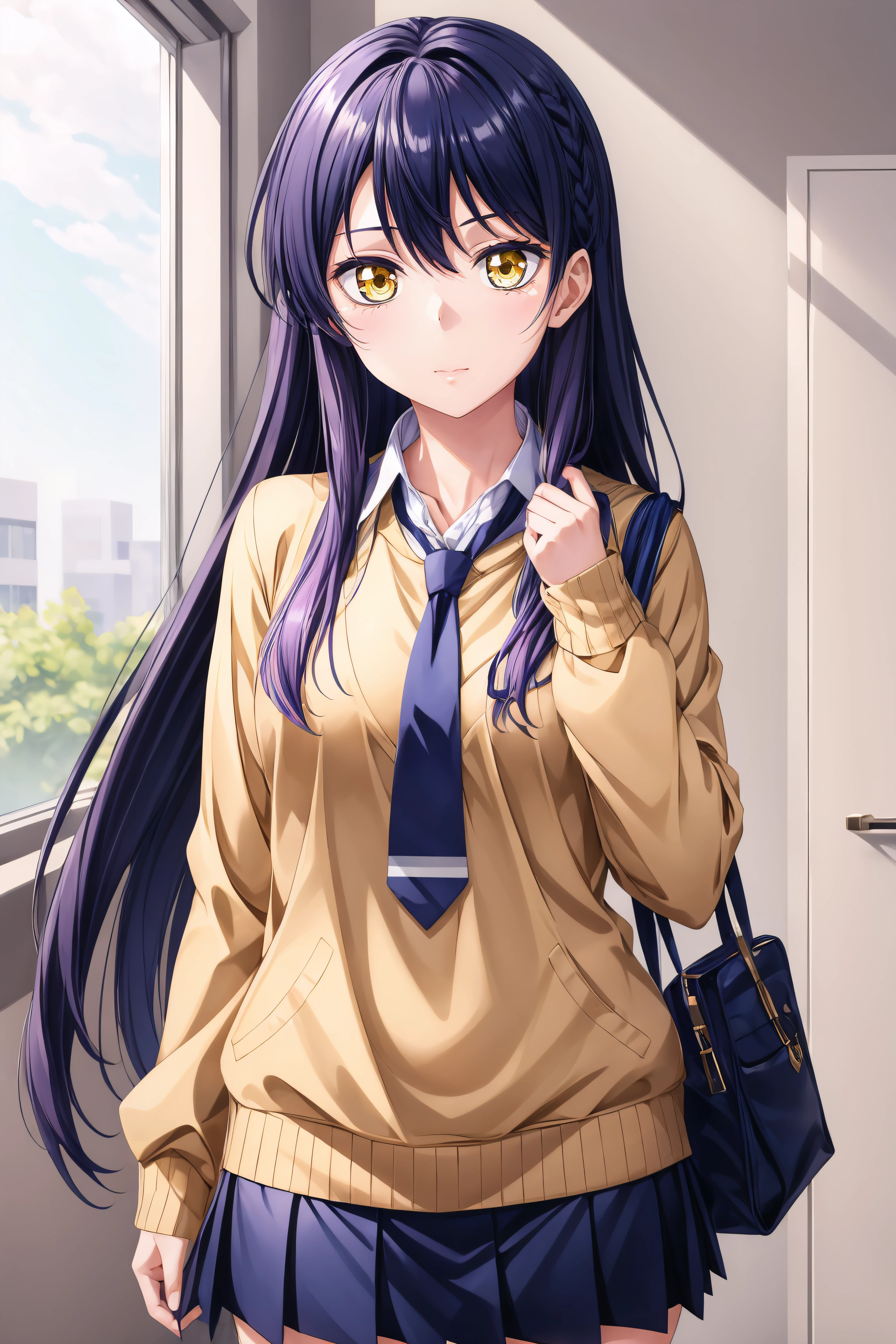 (masterpiece, best quality), <lora:miko yotsuya:0.8> miko yotsuya, yellow eyes, black hair, multicolored hair, long hair, blue pleated skirt, beige sweater, blue necktie,
<lora:add_detail:0.8>,