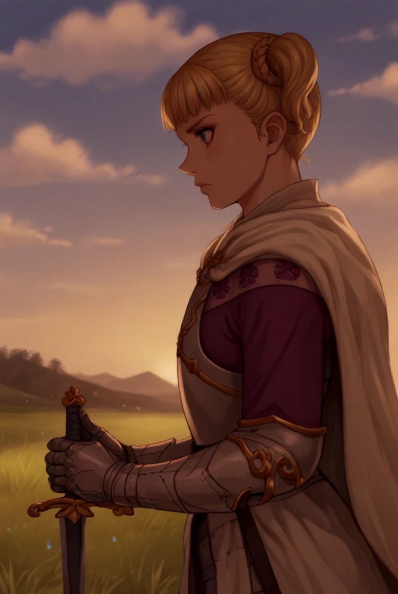 score_9, score_8_up, score_7_up, source_anime,solo, 1girl, from side, 
<lora:FarnesePdxlDwnsty:1>, Farnese_Def, blonde hair, short hair,  twintails, lips, blue eyes, armor, gauntlets, breastplate, shoulder armor, sword, holding sword, fighting stance, 
medieval, grass, cloudy sky, sunlight,