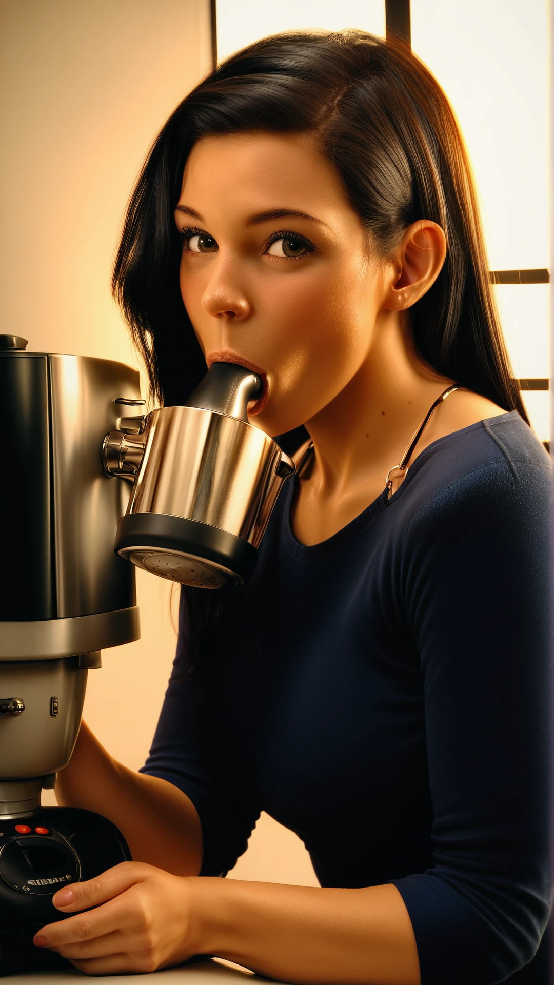 1girl, cute, posing, sleek hair hair, insertion mouth (Coffee maker) inserting a (Coffee maker) in her mouth, sucking on (Coffee maker), object insertion, <lora:InsertionPony:1> score_9, score_8_up, score_7_up, score_6_up, score_5_up, score_4_up, rating_explicit, rating_questionable, anime <lora:akihiko_yoshida_style_pony:0.6> dark theme, low light
