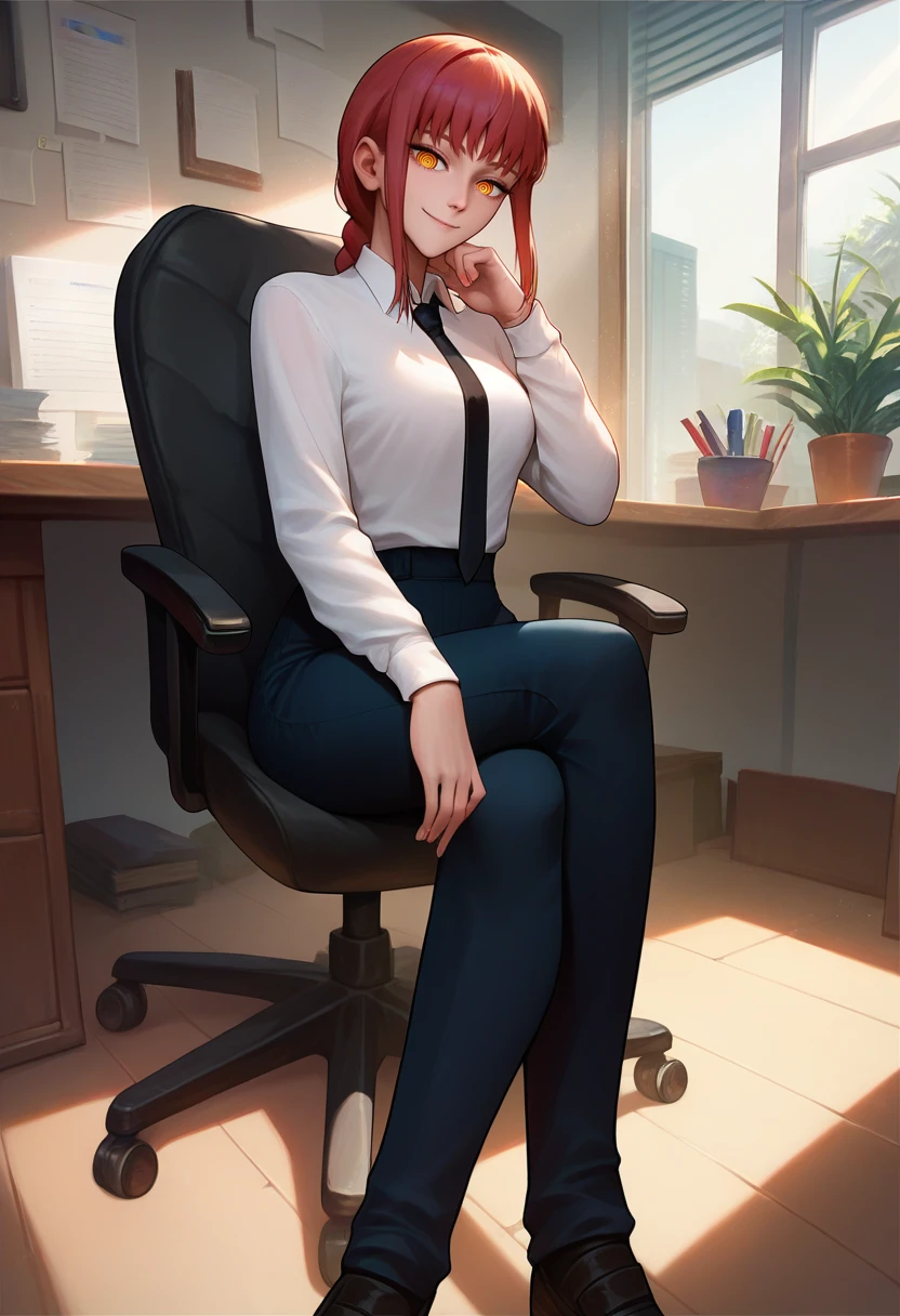 score_9, score_8_up, score_7_up, solo, 1girl, makima \(chainsaw man\), chainsaw man, smile, looking at viewer, sitting, crossed legs, office chair, braided ponytail, ringed eyes, white shirt, collared shirt, black necktie, long sleeves, black pants, indoors, office, light rays <lora:style_tarakanovich_ponyXL:1>