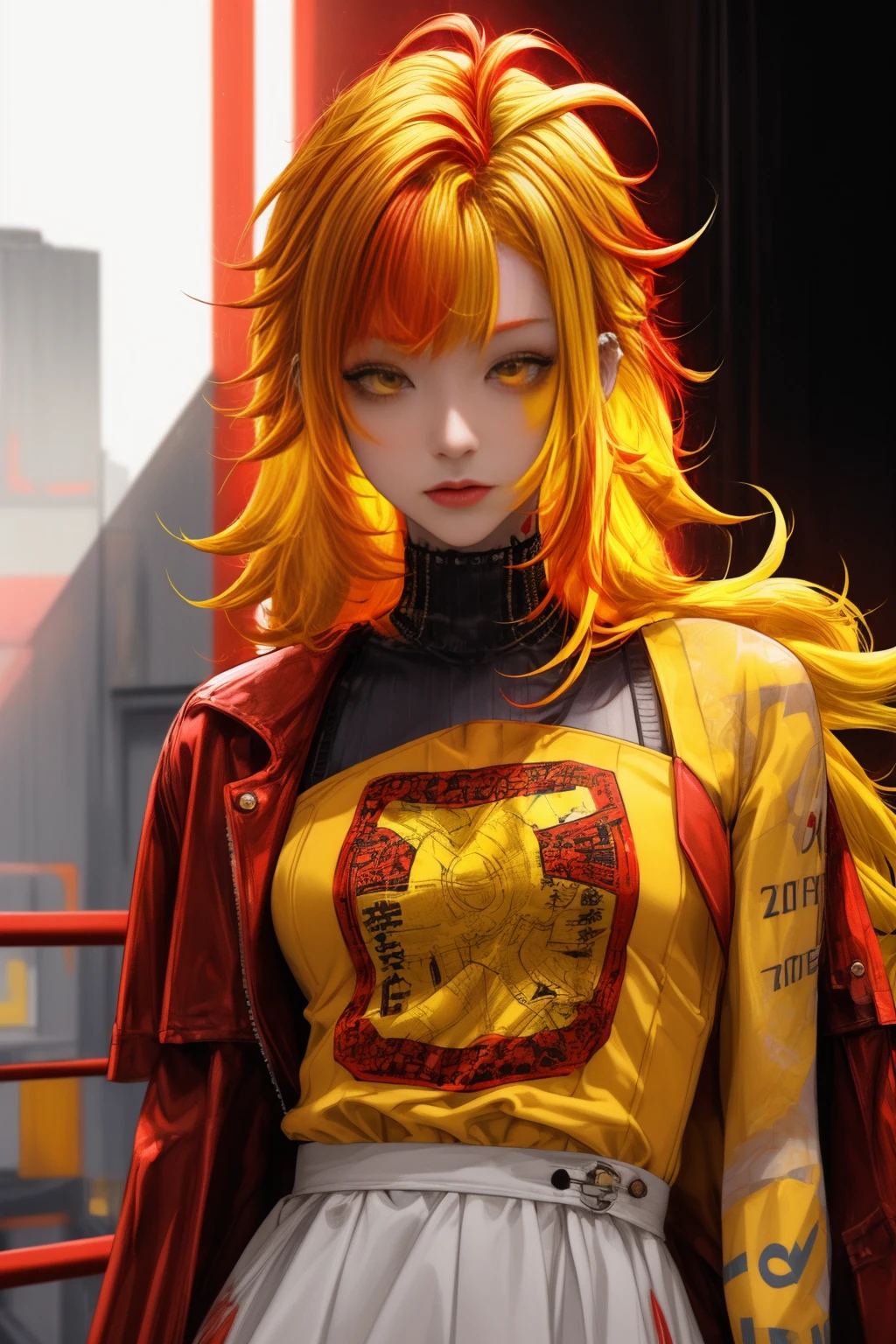 <lora:PillowWorld:1.0> PillowWorld 1woman (red and yellow hair:1.6) (punk tattoo, dress:1.3) walking in the (white light cyber city:1.2), <lora:more_details:1>