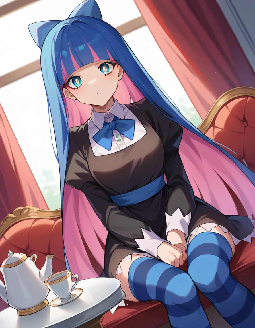 score_9, score_8_up, score_7_up, source_anime,
psgstocking, <lora:stocking-anarchy-ponyxl-lora-nochekaiser:1>,
psg stocking, blue eyes, blue hair, colored inner hair, hair bow, long hair, multicolored hair, pink hair, two-tone hair, bangs, blunt bangs, bright pupils,
striped, striped thighhighs, thighhighs, dress, black dress, puffy sleeves, long sleeves, skirt, shirt, collared shirt, white shirt,
indoors, table, sitting, chair, teacup, teapot, strawberry shortcake,
looking at viewer, cowboy shot, dutch angle,