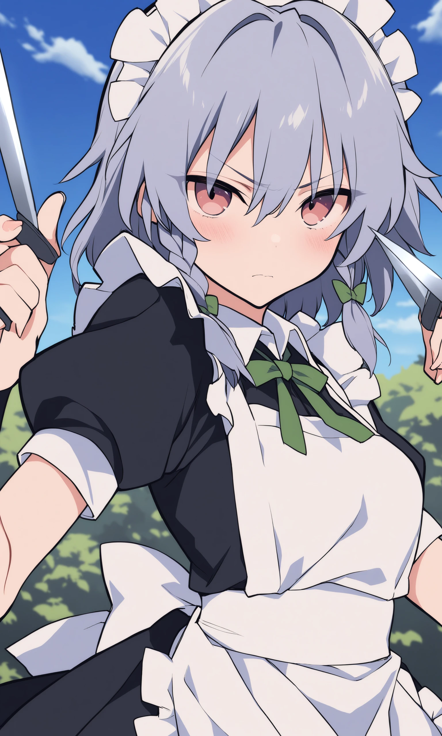 anime,1girl, izayoi sakuya, touhou, solo, maid headdress, maid, apron, short sleeves, dress, closed mouth, white apron, looking at viewer, maid apron, puffy short sleeves, frills, puffy sleeves, black dress, frilled apron, hair between eyes, outdoors, blush, throwing knives, knives, serious face, upper body, masterpiece, best quality, very aesthetic, absurdres,<lora:mk_Bp Anime_xl:0.6>,