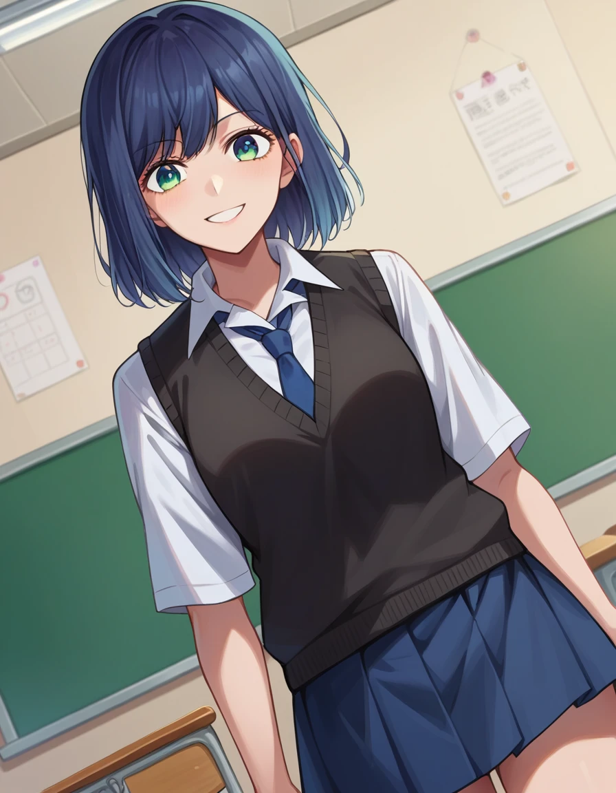 score_9, score_8_up, score_7_up, source_anime,
akanekurokawa, <lora:akane-kurokawa-ponyxl-lora-nochekaiser:1>,
akane kurokawa, bangs, green eyes, blue hair, medium hair, dark blue hair, smile,
shirt, school uniform, white shirt, necktie, collared shirt, vest, blue necktie, skirt, blue skirt,
indoors, classroom,
looking at viewer, cowboy shot, dutch angle,