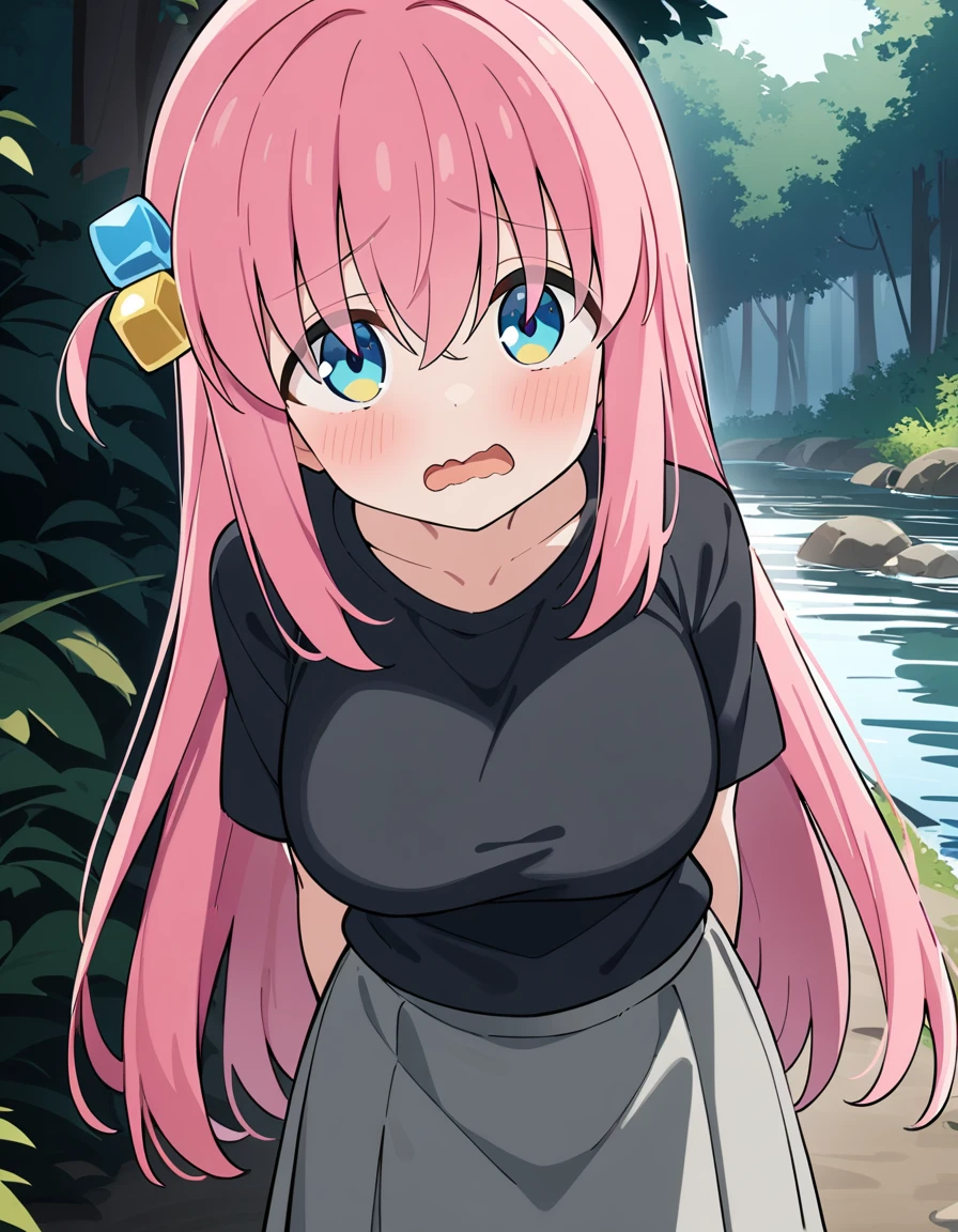 1girl, gotoh hitori, bocchi the rock!,
long hair, blue eyes, pink hair, cube hair ornament, open mouth, wavy mouth, large breasts, black t-shirt, grey skirt, arms behind back,
forest, river, looking at viewer, outdoors,
masterpiece, best quality, very aesthetic, absurdres,