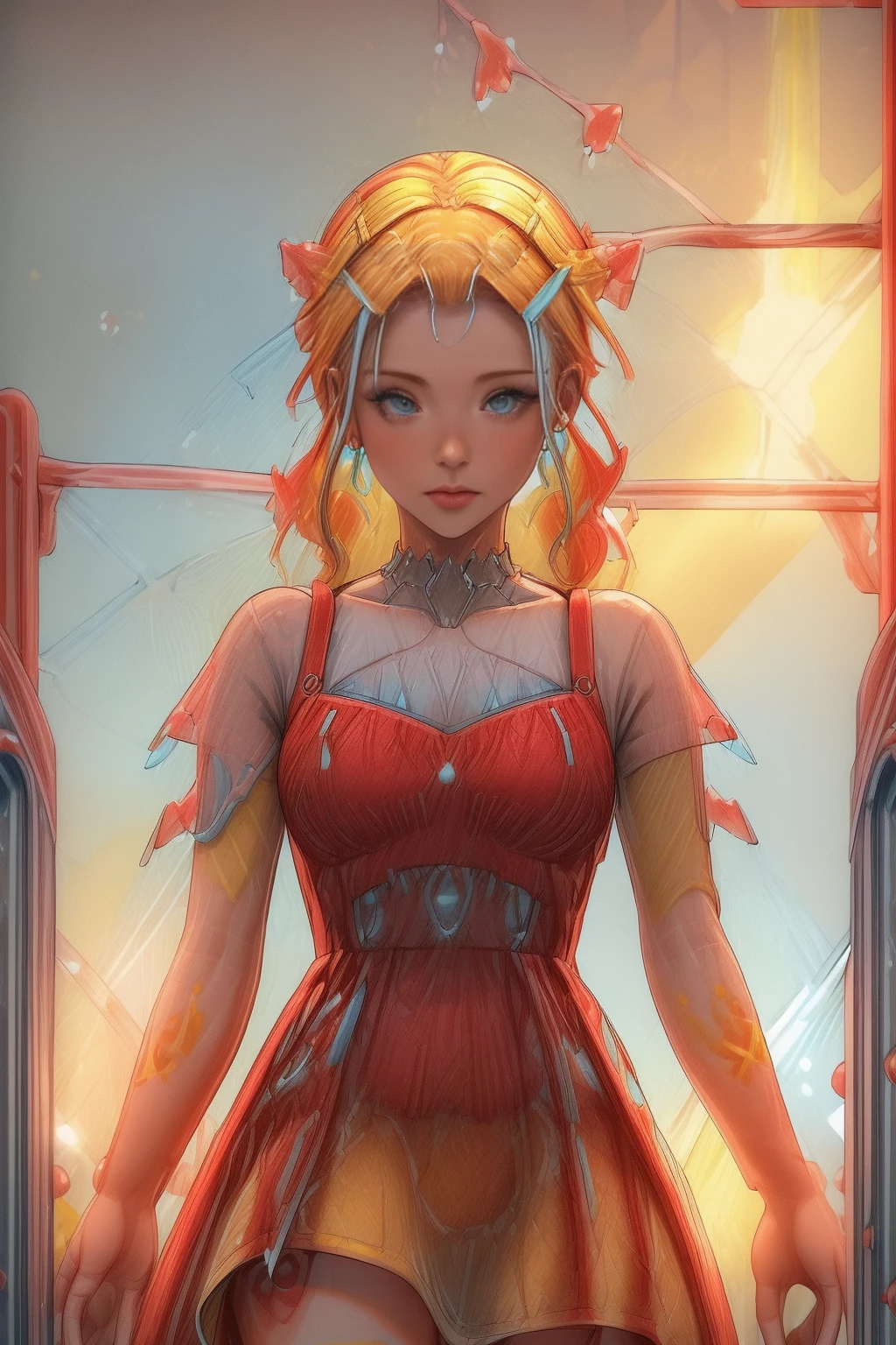 <lora:WaterDropsWorld:1.0> WaterDropsWorld 1woman (red and yellow hair:1.6) (punk tattoo, dress:1.3) walking in the (white light cyber city:1.2), <lora:more_details:1>