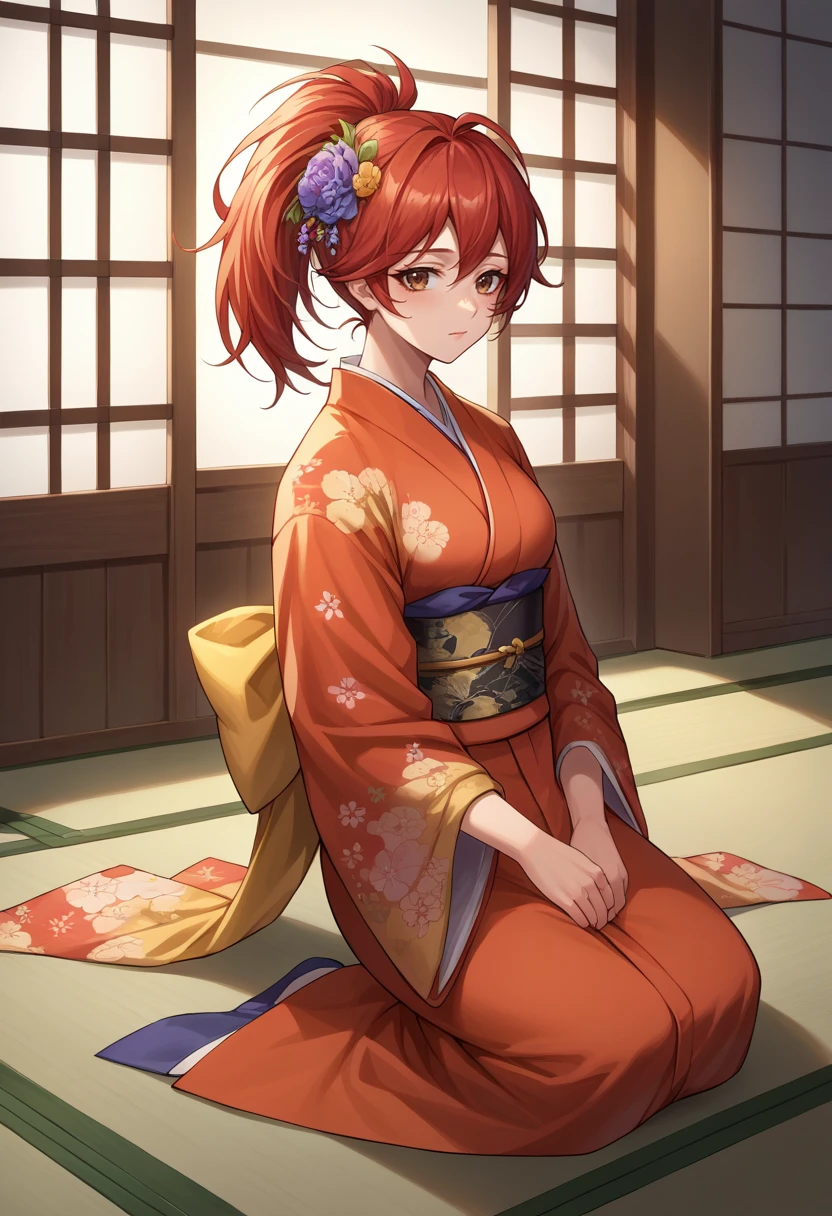 score_9, score_8_up, source_anime, 1girl, solo, AdrianaRivera, red hair, long hair, ponytail, brown eyes, indoors, kimono, hair flower, floral print, wariza, kneeling, <lora:ChamAdrianaRiveraPonyXL:1>