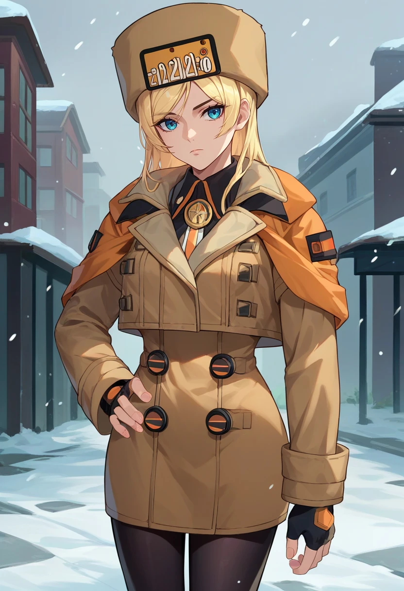 score_9, score_8_up, score_7_up, source_anime, solo, 1girl, strivemillia, expressionless, looking at viewer, standing, ushanka, brown coat, jacket, long sleeves, fingerless gloves, black pantyhose, snowing, outdoors <lora:ggstrive_milliarage_ponyXL:1>