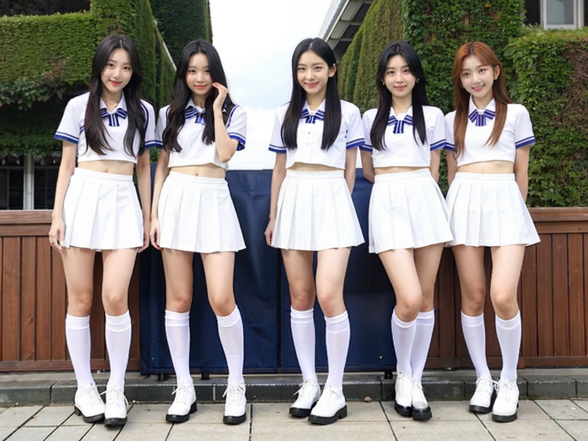 5 women, a photo of five korean women with different faces and different hairstyles and they are wearing the same clothes, black hair, blonde hair, skirt, v, school uniform, long hair, shirt, boots, white shirt, looking at viewer, smile, standing, black footwear, short sleeves, brown hair, socks, full body
<lora:five women_V2:0.8>