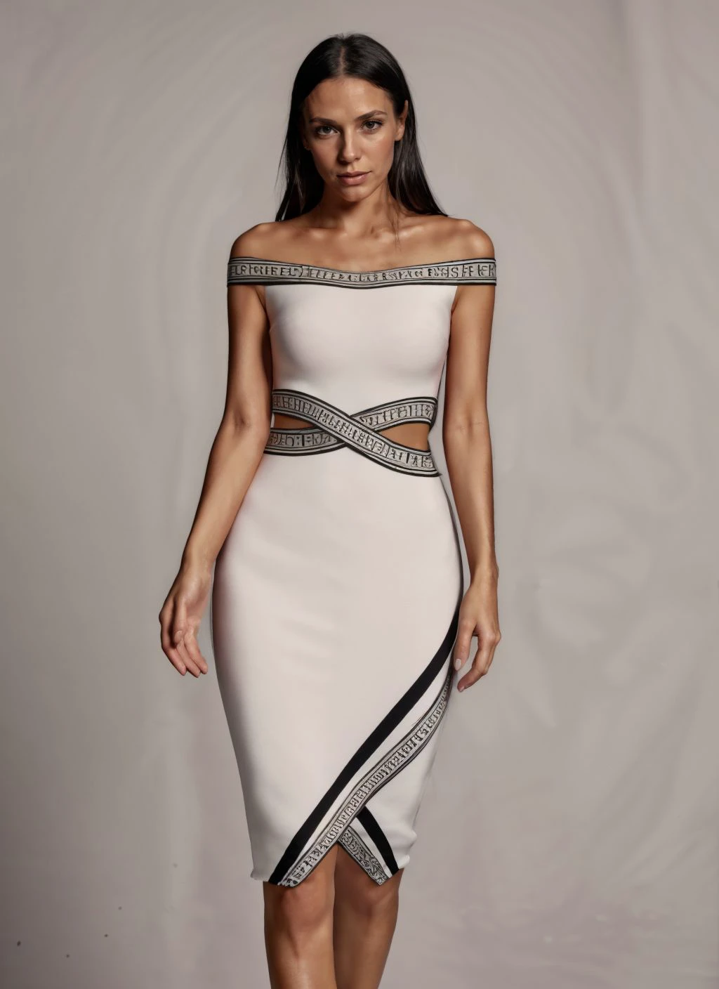 photo of a slender swedish woman, simple background, wearing a white wrapped pencil dress, hips cut-out, printed margins, <lora:CrunchyBanana_Wrapped_Pencil_Dress:1>