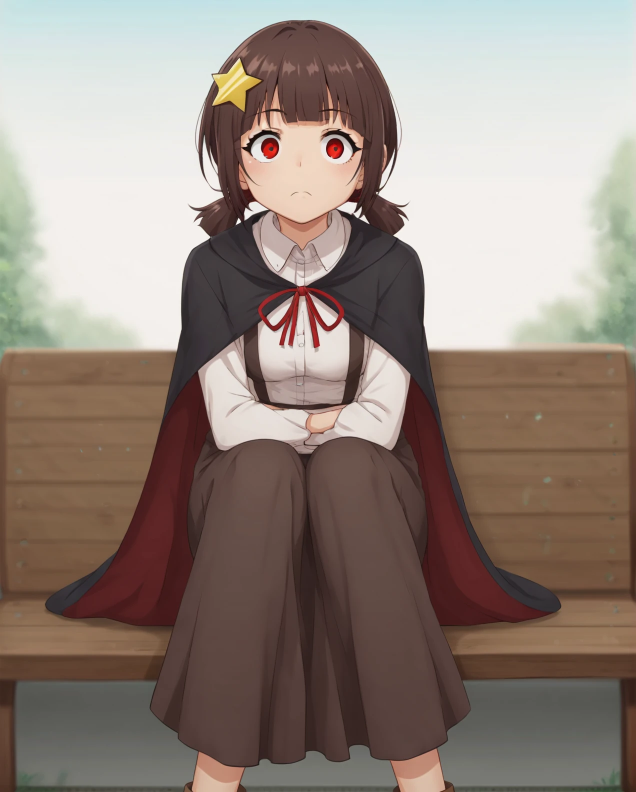 score_8_up, score_7_up, score_6_up, score_5_up, score_4_up, anime screenshot
<lora:Komekko (Autism SDXL):0.7> 1girl, komekko, star_hair_ornament, red eyes, twintails, brown_hair, blunt_bangs, standing, low ponytail, long skirt, brown skirt, suspender skirt, collared shirt, cape,
(mature female, aged up,:1.2),
leaning forward, sitting on bench, arms on knees, sigh,