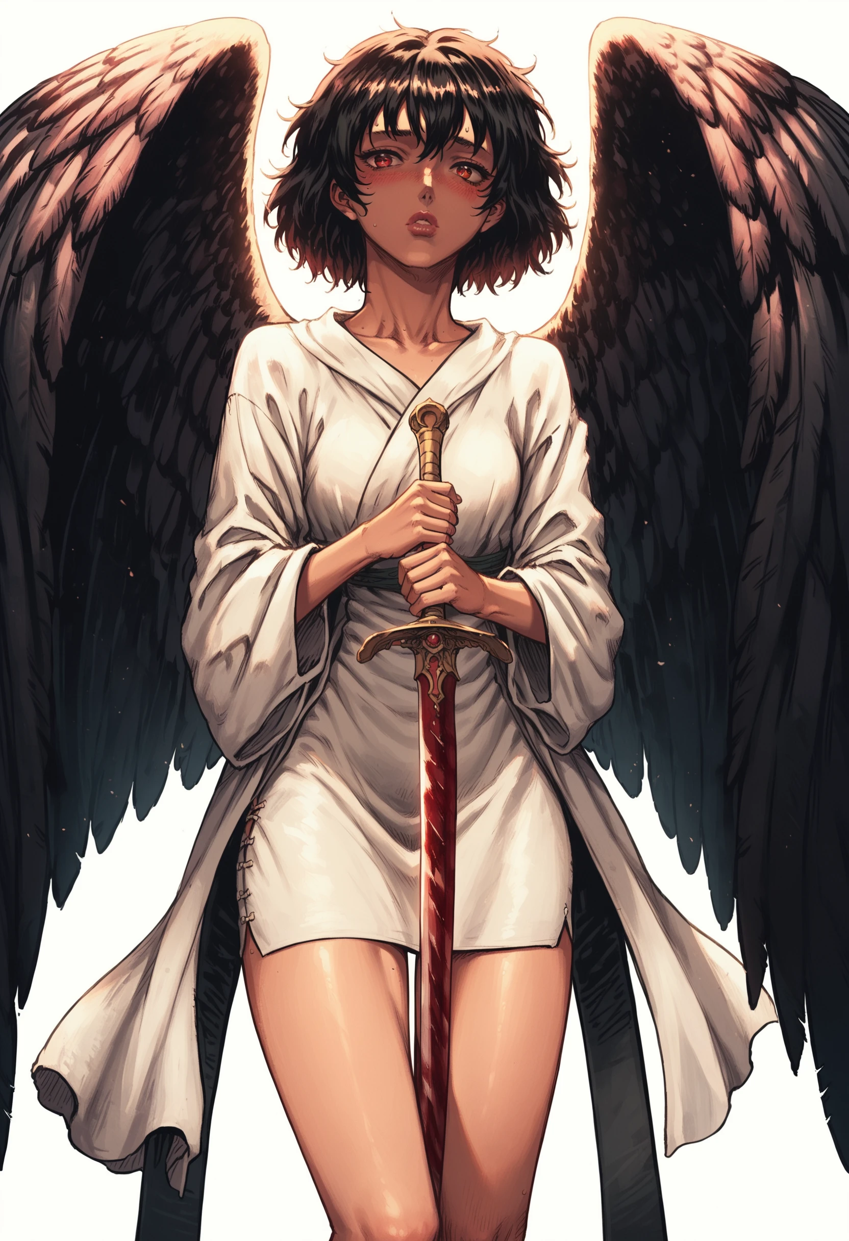 score_9, score_8_up, score_7_up, monster girl, standing, bird girl, black feathers, black scales, 1girl, petite, delicate and smooth skin, blush, perfect body, thighs, highly detailed, glossy lips, feathered wings, red theme, white robe, holding a giant sword <lora:b3rs3rkstylev1SDXLpony1:1> b3rs3rkstyle