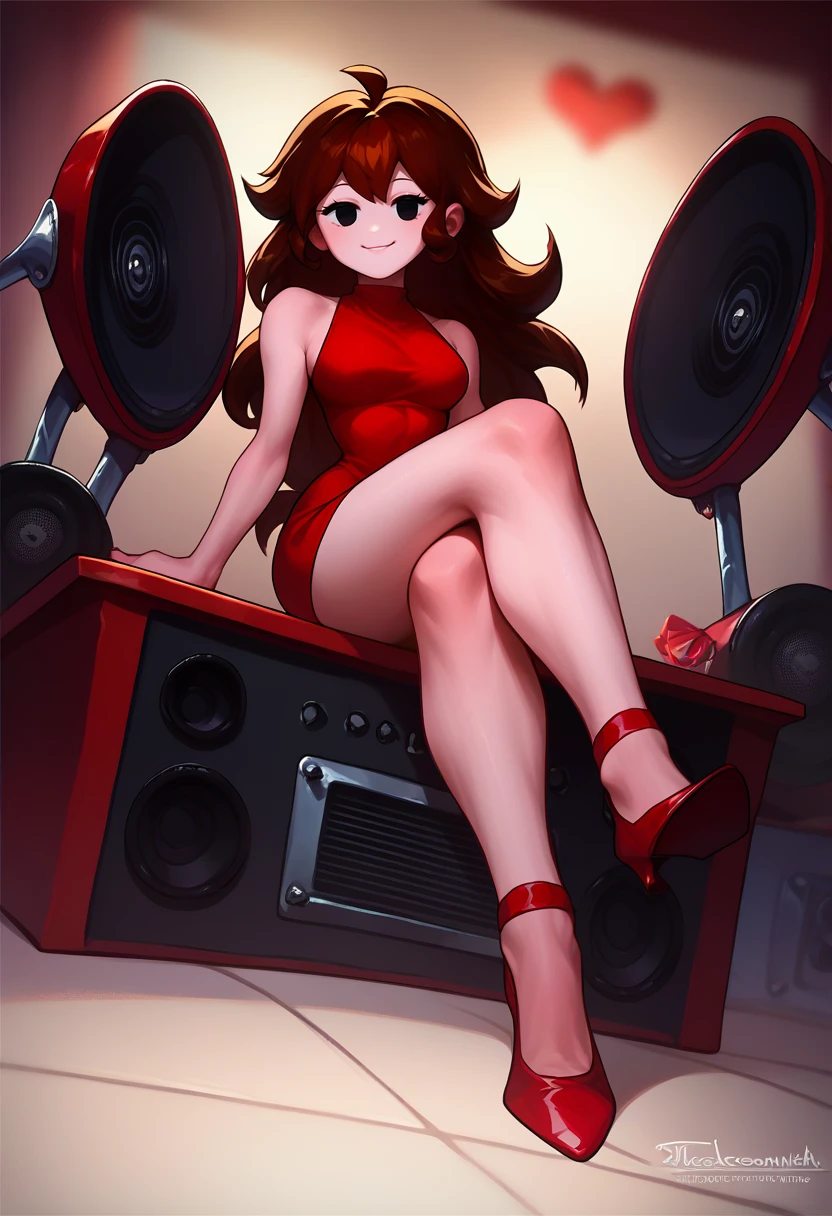 score_9, score_8_up, score_7_up, solo, 1girl, girlfriend \(friday night funkin'\), smile, looking at viewer, sitting on speakers, crossed legs, red dress, sleeveless dress, short dress, bare shoulders, red footwear, high heels, black eyes 