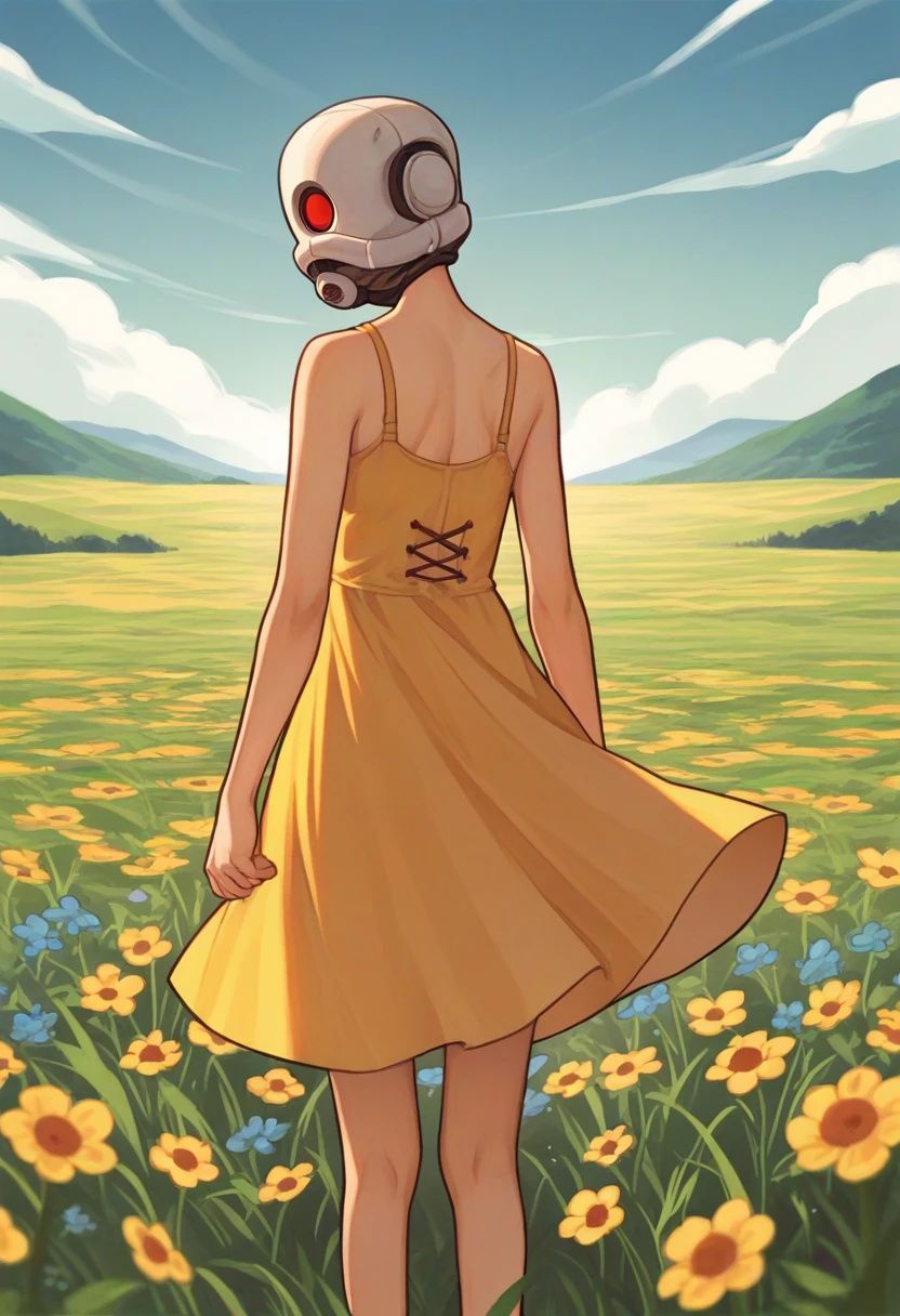 score_9, score_8_up, score_7_up, source_anime, from behind, solo, 1girl, combineassassin, looking back, helmet, red eyes, one-eyed, yellow sundress, outdoors, flower field <lora:hl2_combineassassin_ponyXL:1>